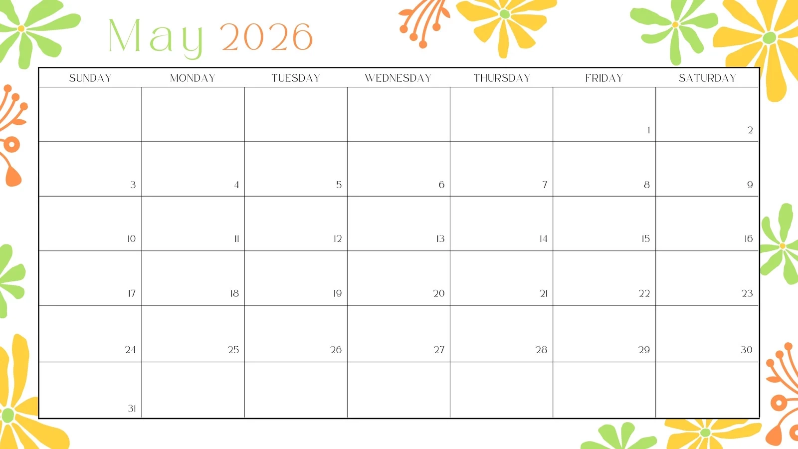 Blank Calendar For May 2026