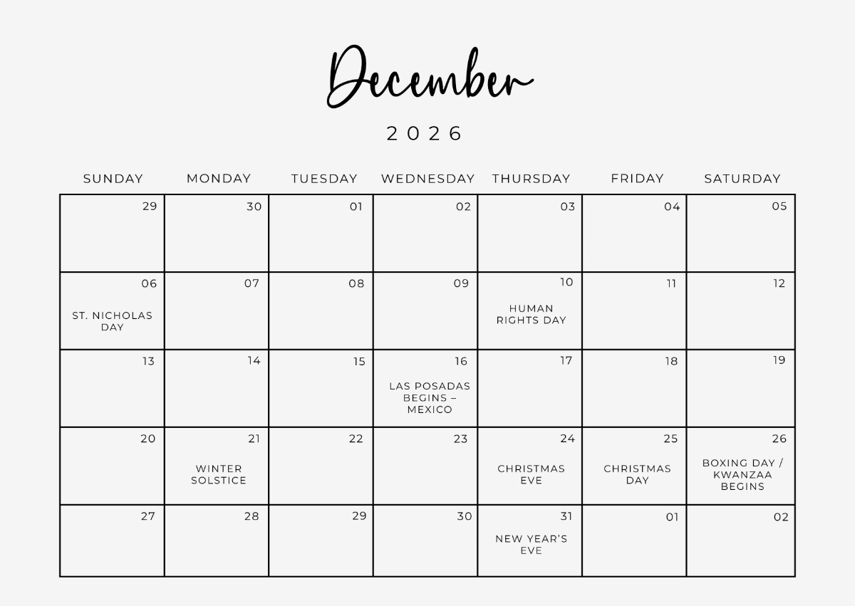 Free Traditional December 2026 Calendar Template To Edit Online