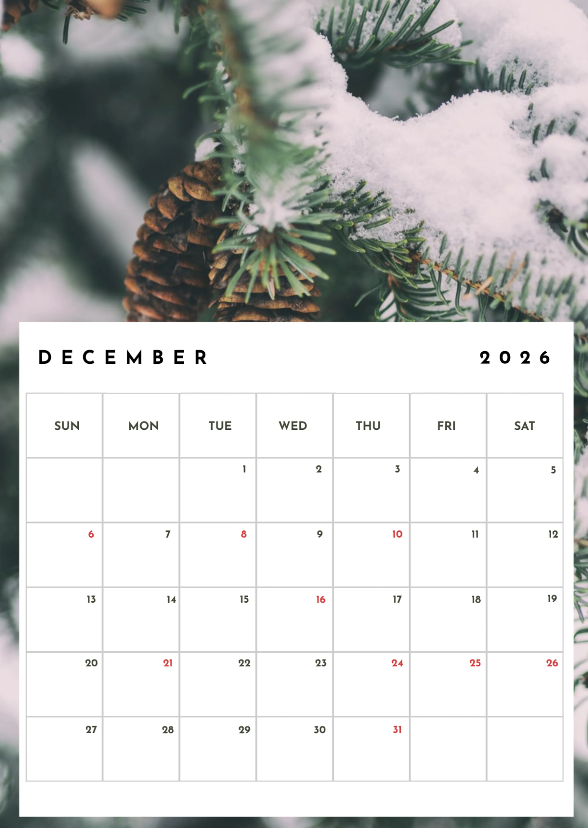 Free Winter Background December 2026 Calendar Template To Edit Online