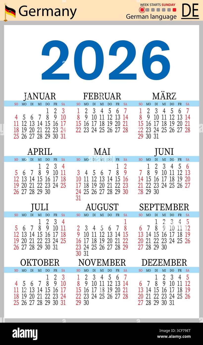 German Vertical Pocket Calendars For 2026 Two Thousand Twenty Six 
