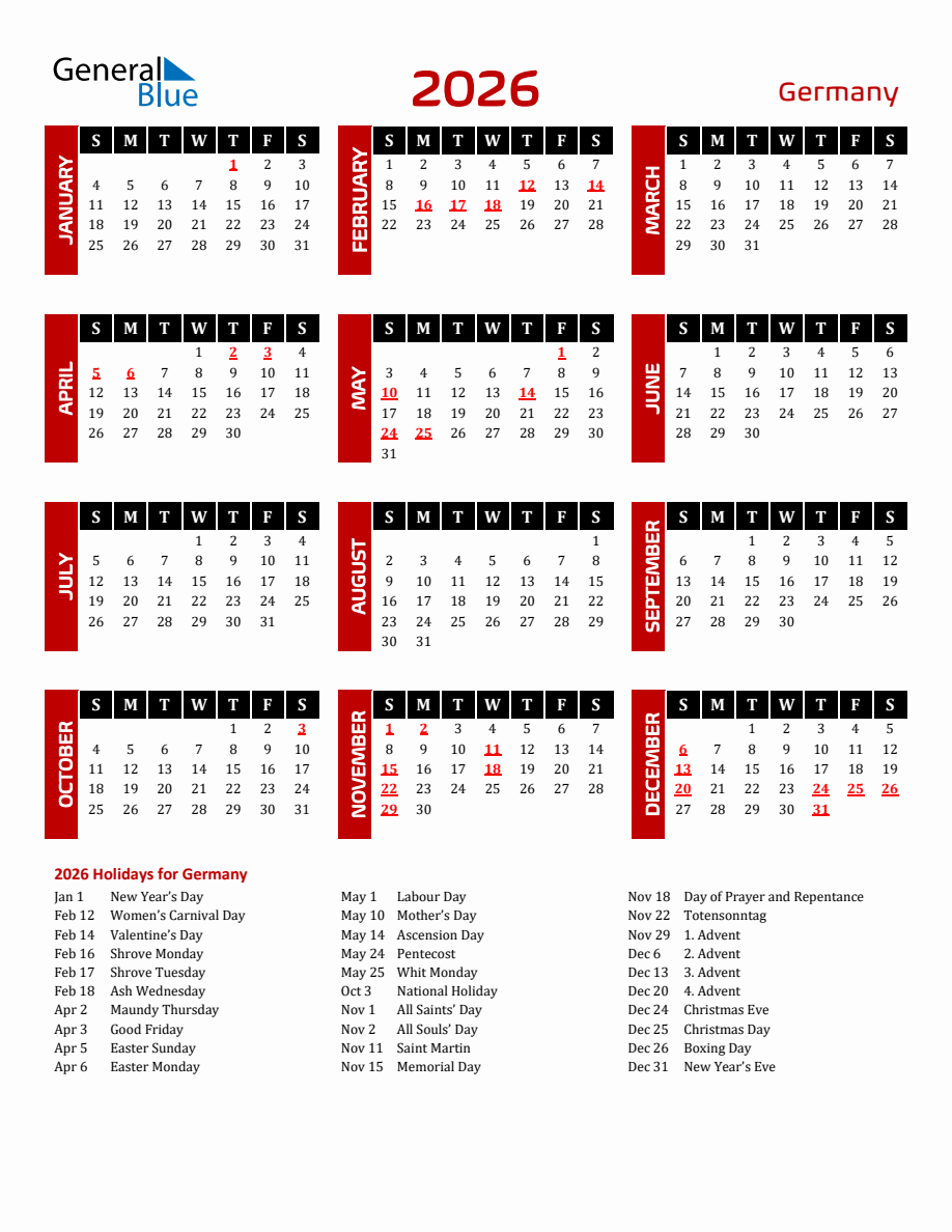 Germany 2026 Yearly Calendar Downloadable