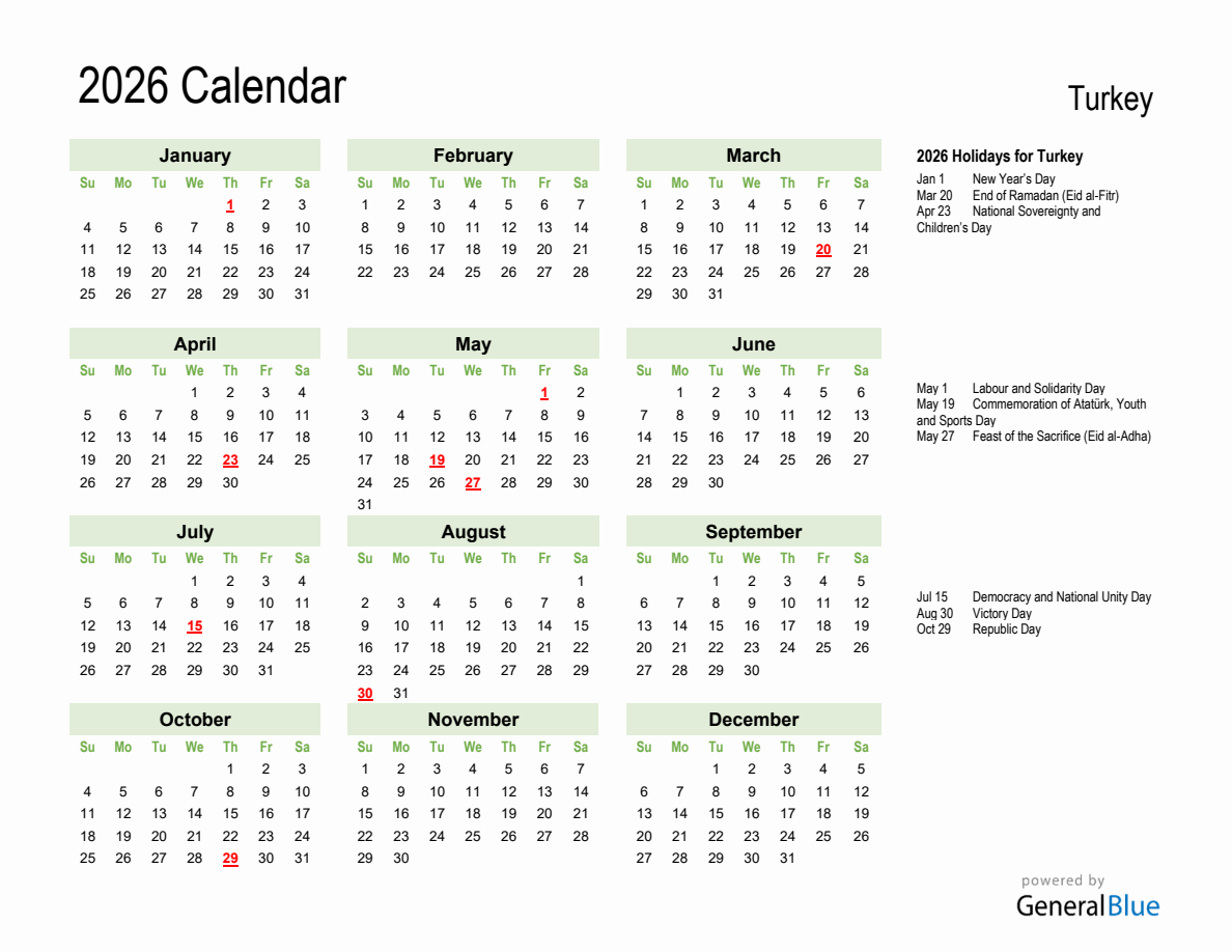 Holiday Calendar 2026 For Turkey