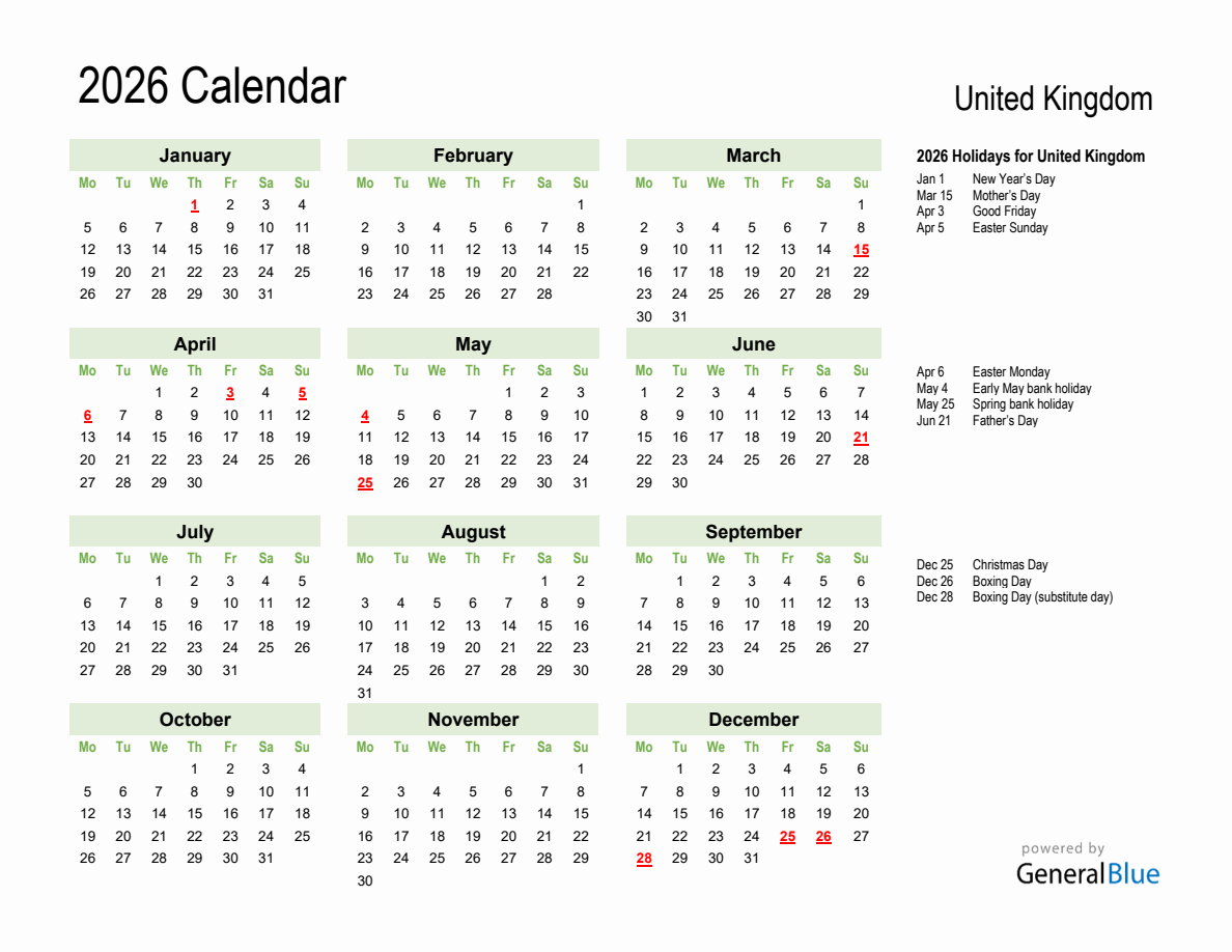 Holiday Calendar 2026 For United Kingdom Monday Start