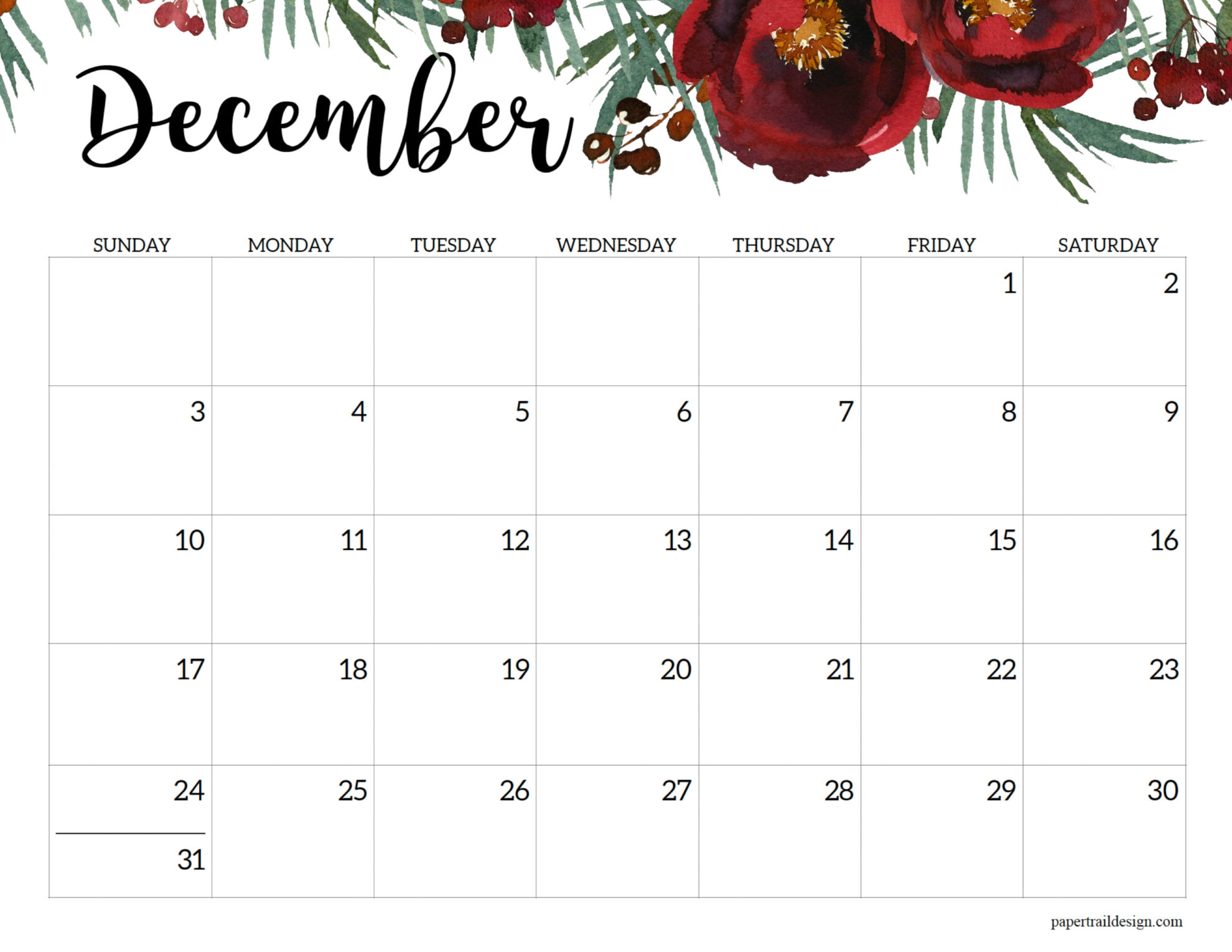 Printable December Calendar Horizontal