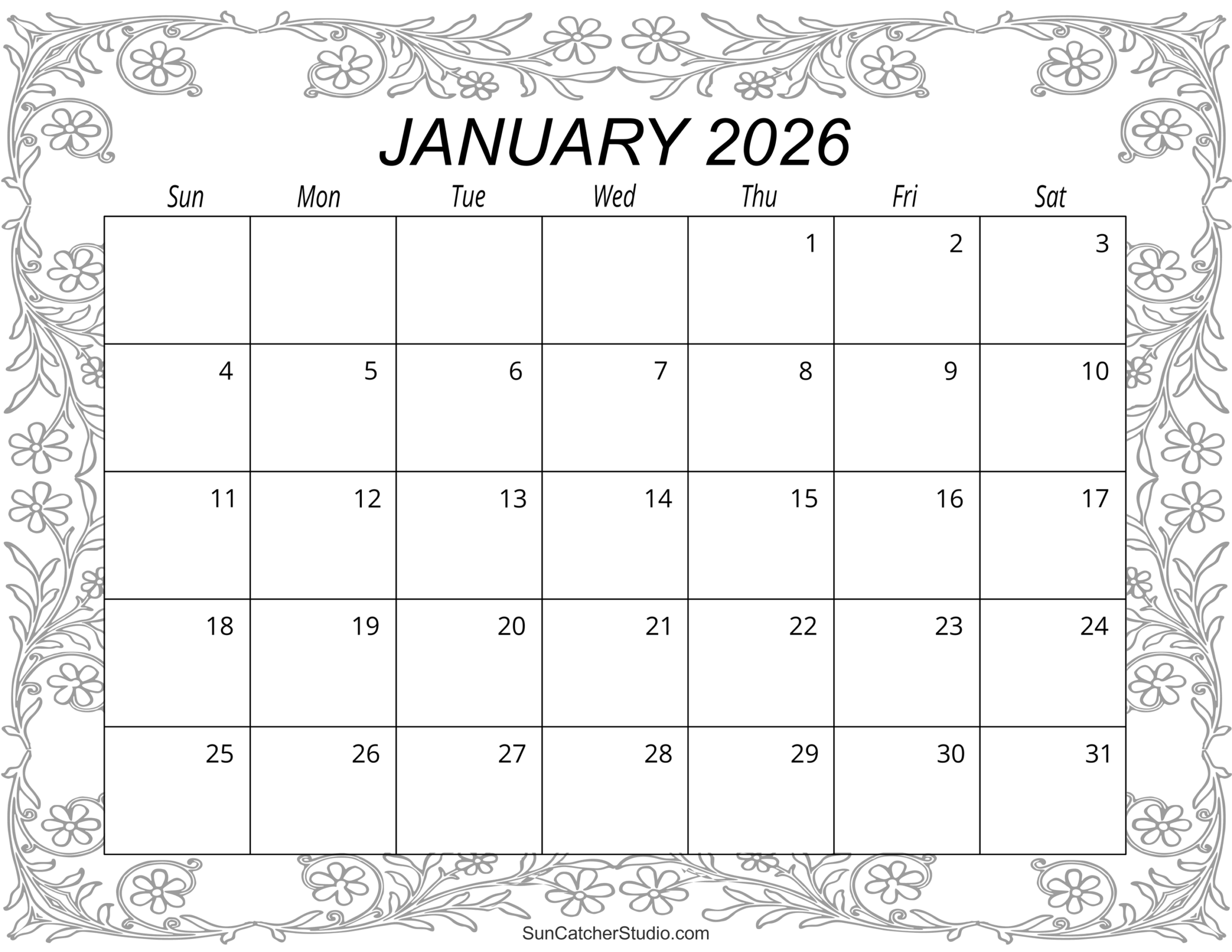 Printable 2026 Monthly Calendar Blank