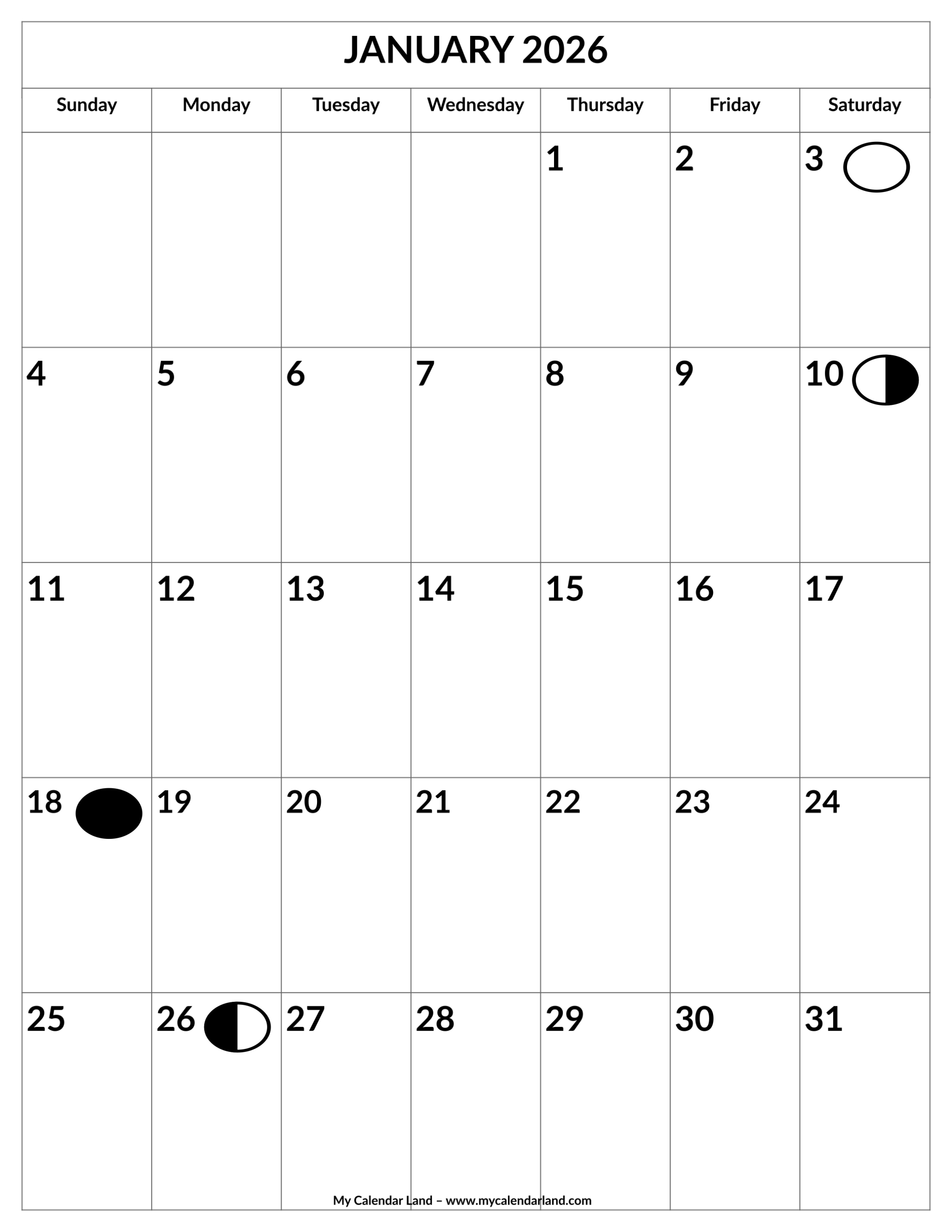 January 2026 Calendar My Calendar Land