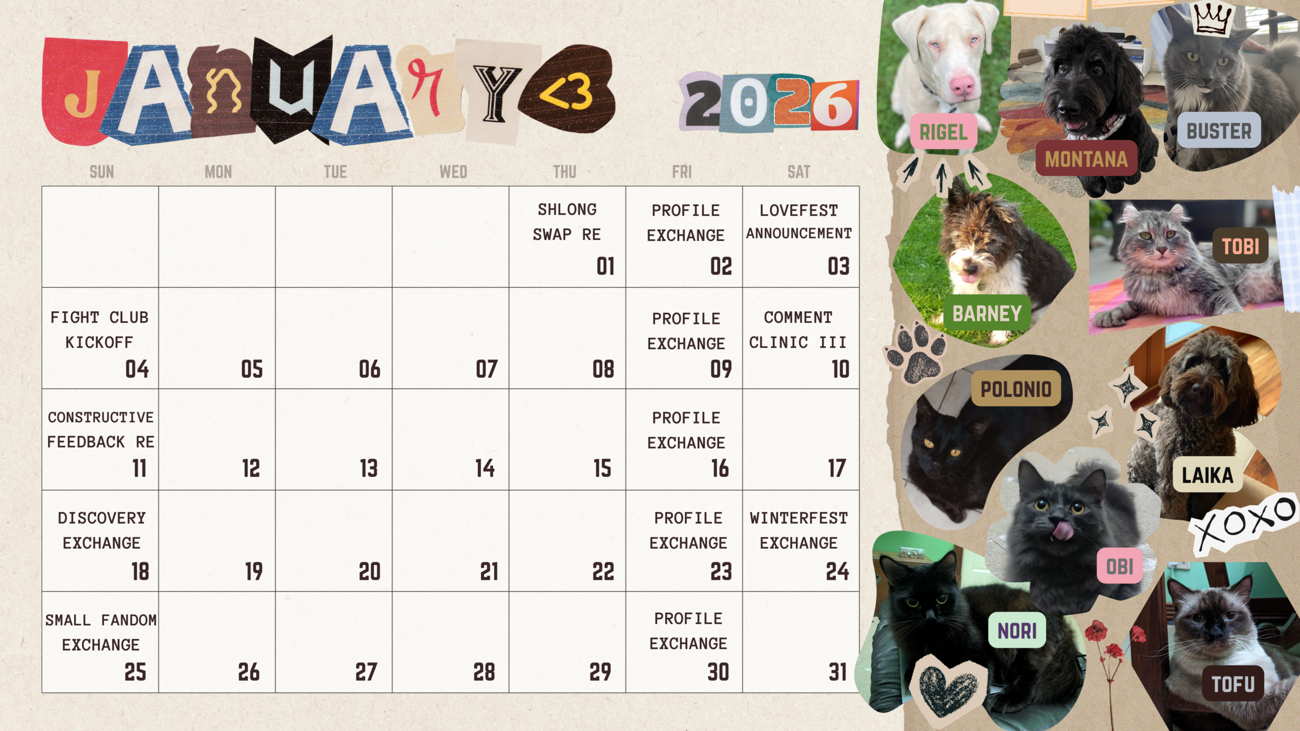 January 2026 Calendar R FanfictionExchange