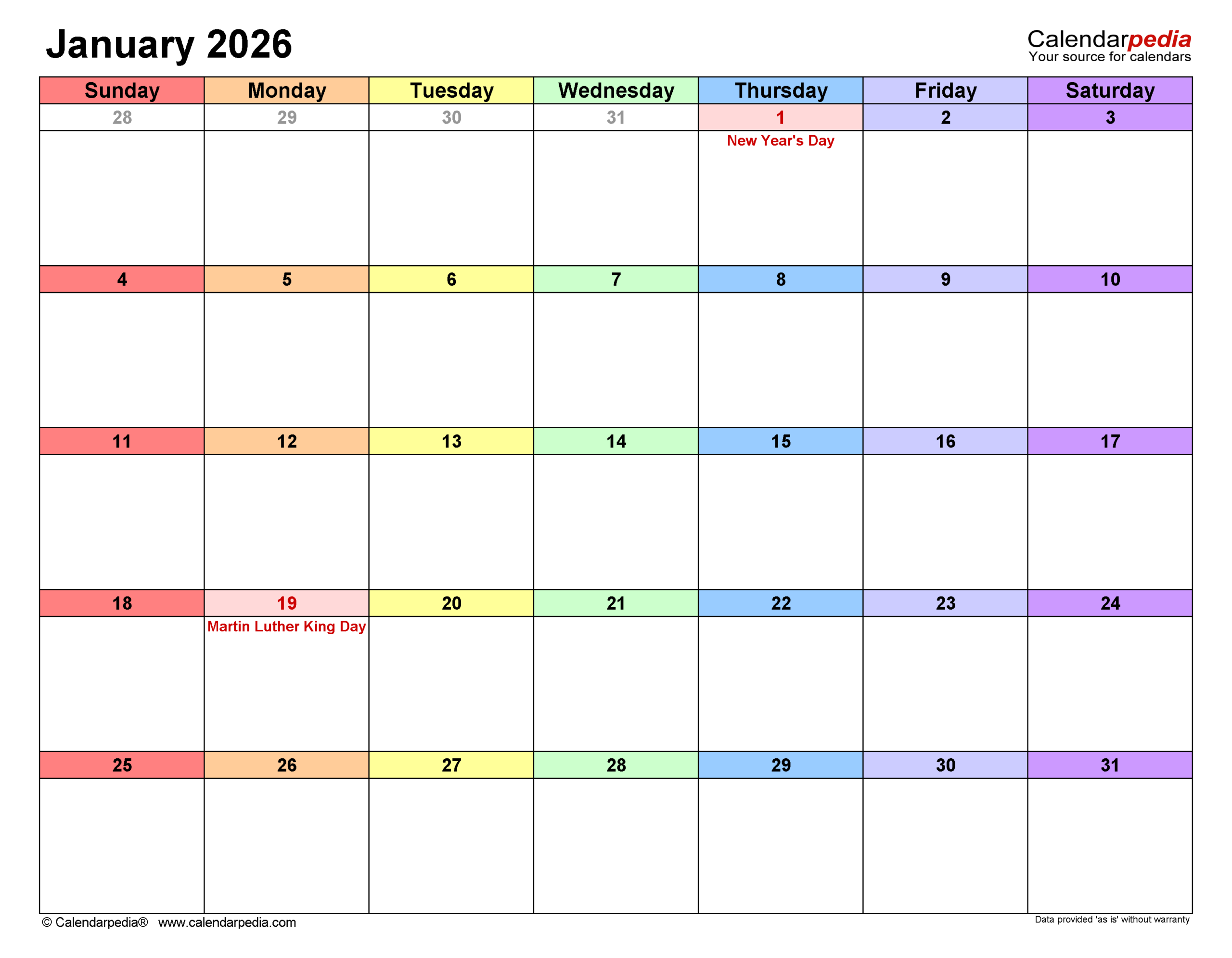 Printable Calendar January To December 2026