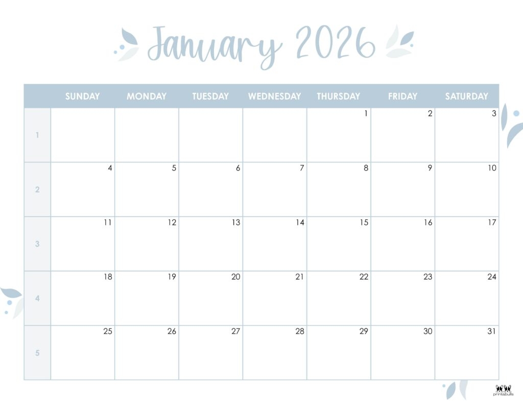January 2026 Calendars 123 FREE Printables Printabulls