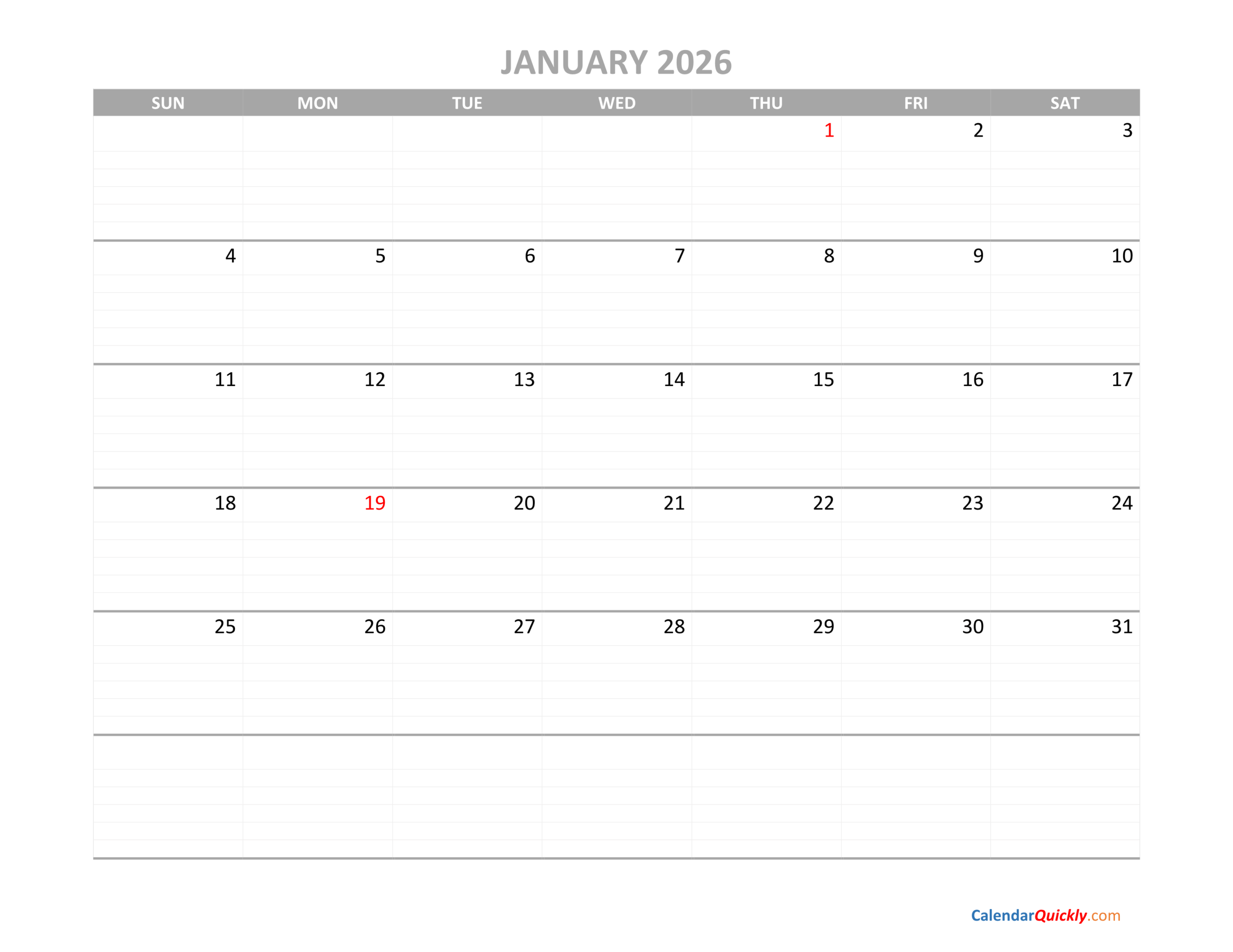 Calendar Jan To December Printable 2026