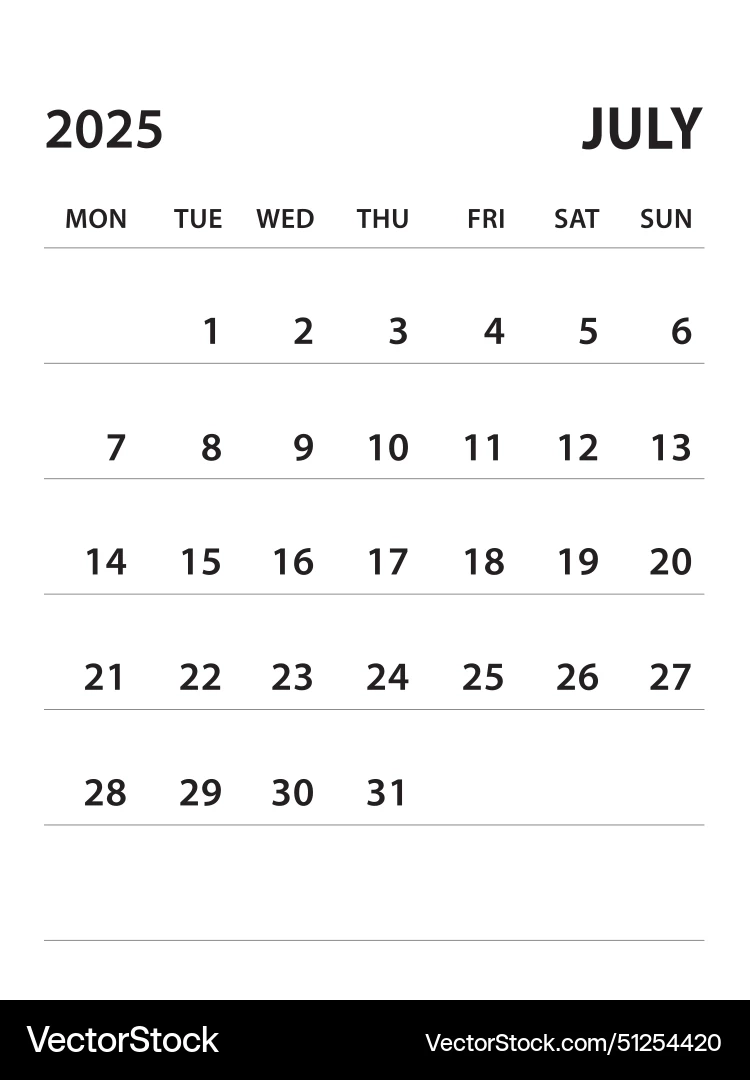July 2025 calendar 2025 Template Royalty Free Vector VectorStock