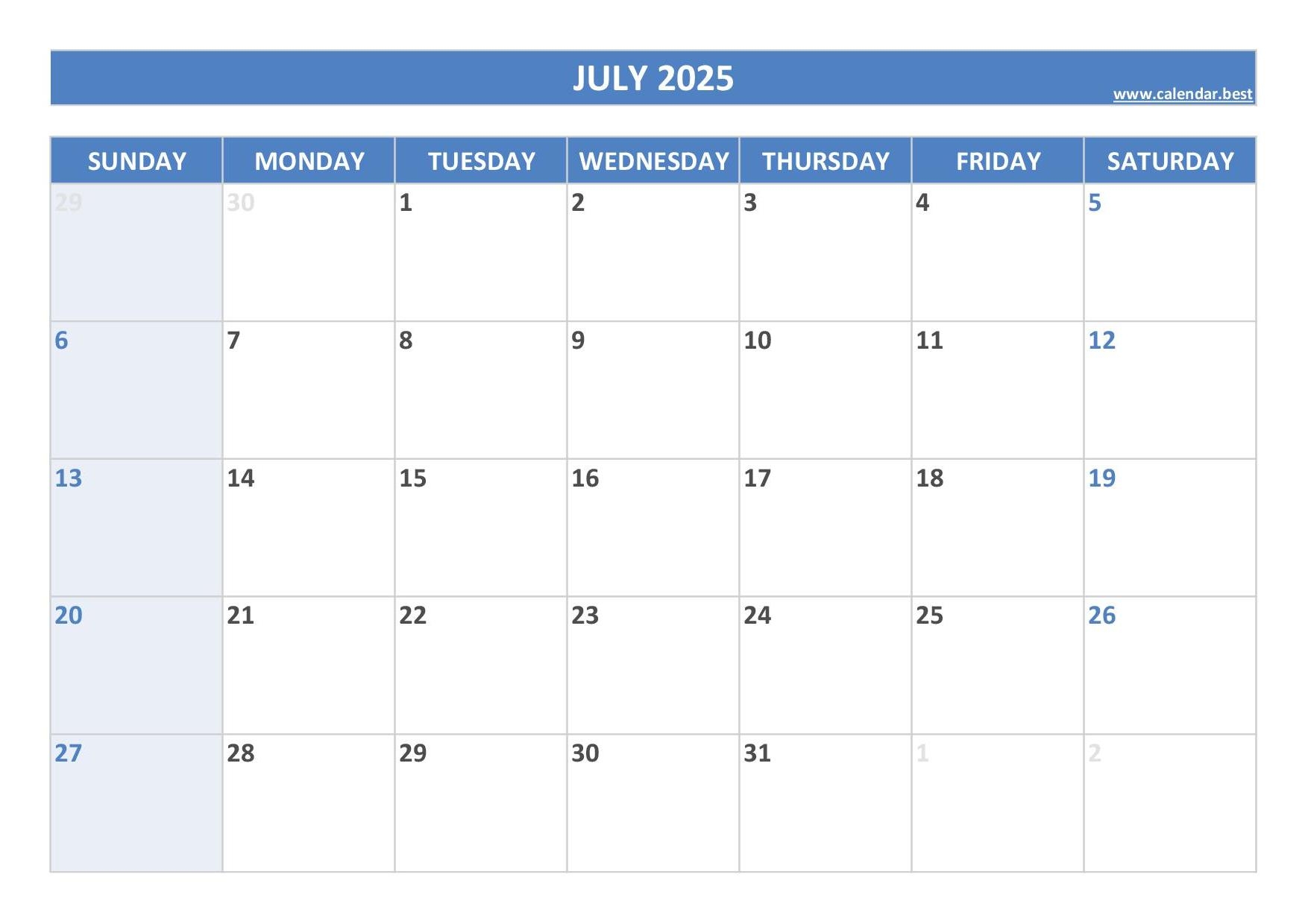July 2025 Calendar Calendar best