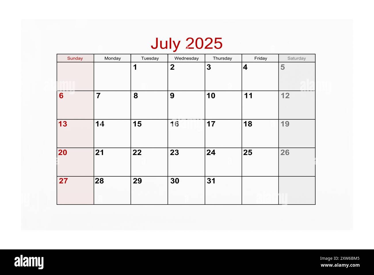 July 2025 Calendar Page For 2025 Year Isolated On White Background 