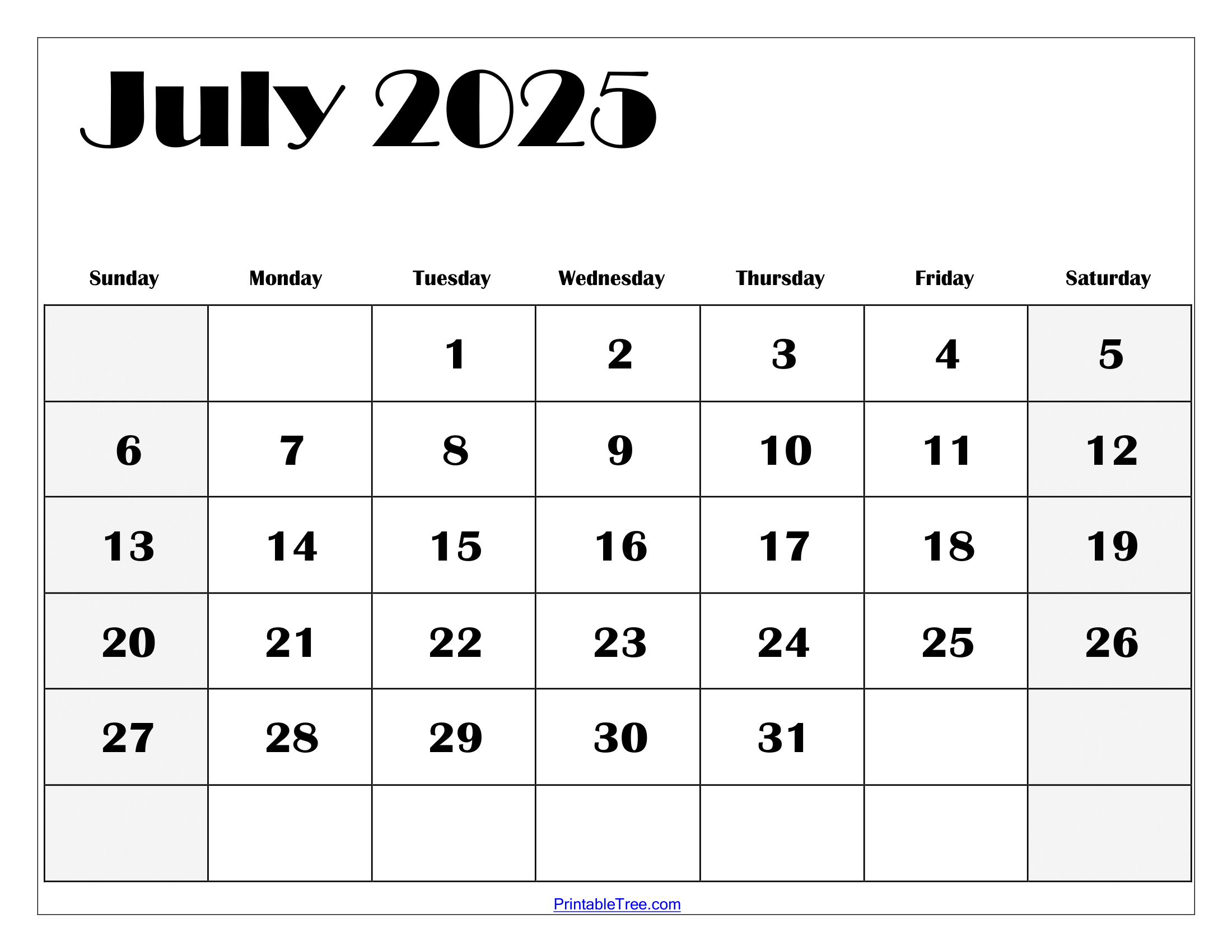 Calendar Template July 2025