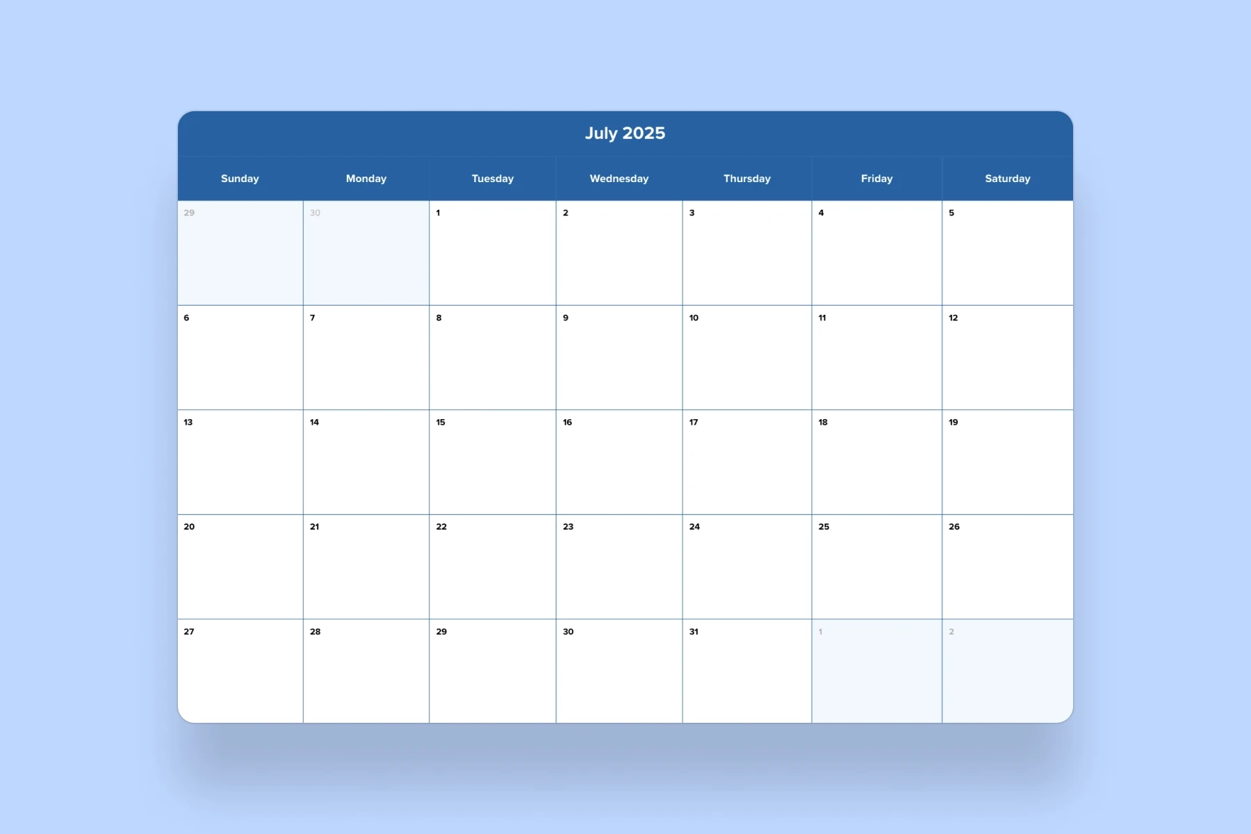 July 2025 Calendar Template