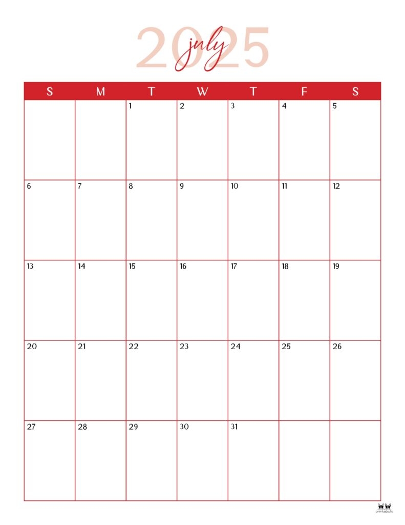 July 2025 Calendars 107 FREE Printables Printabulls