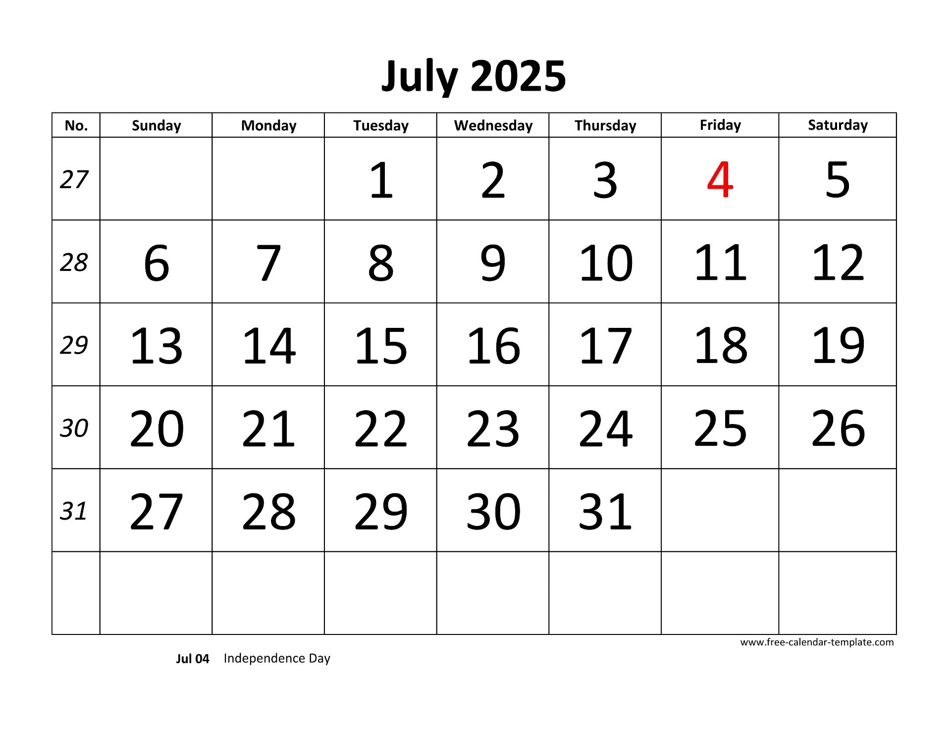 July 2025 Calendar Excel