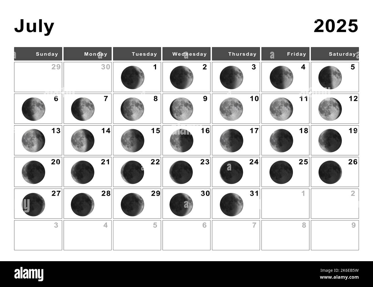 July 2025 Lunar Calendar Moon Cycles Moon Phases Stock Photo Alamy