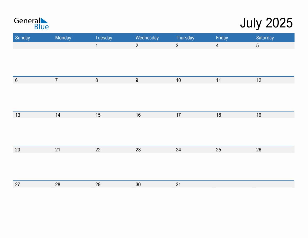 July 2025 Monthly Calendar PDF Word Excel 