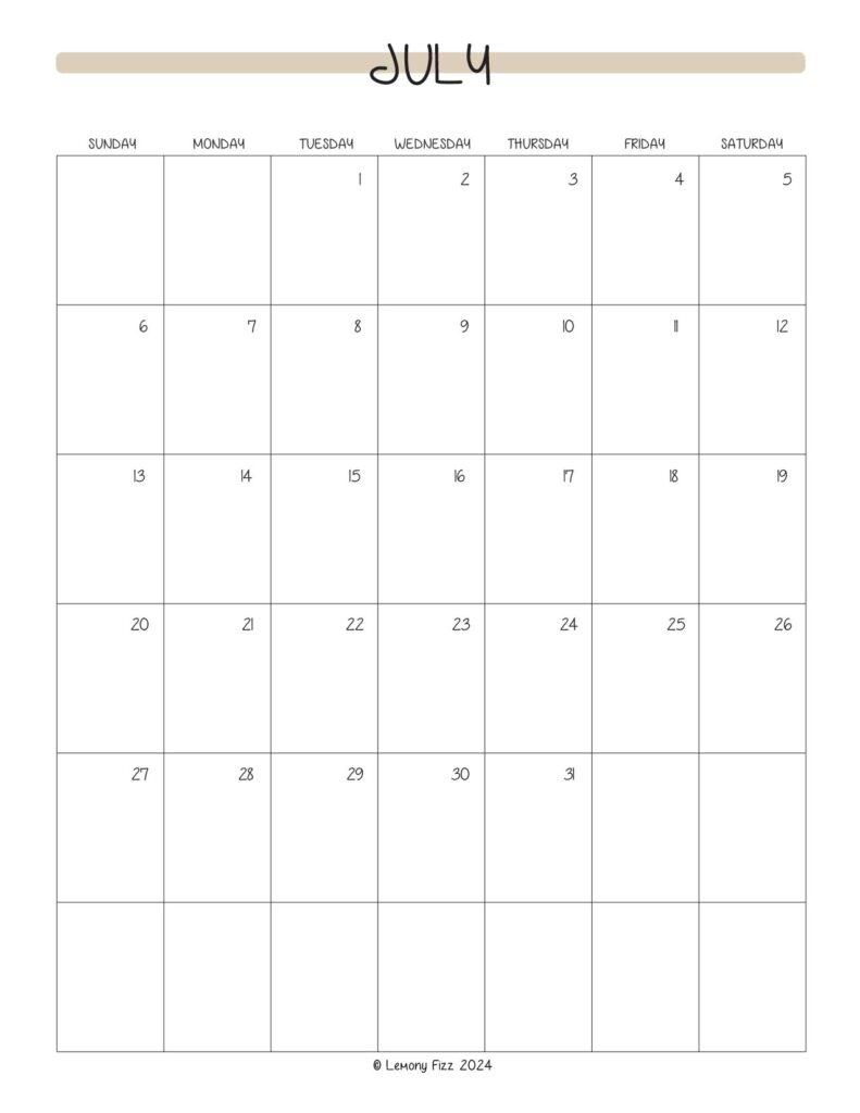 July 2025 Monthly Calendar