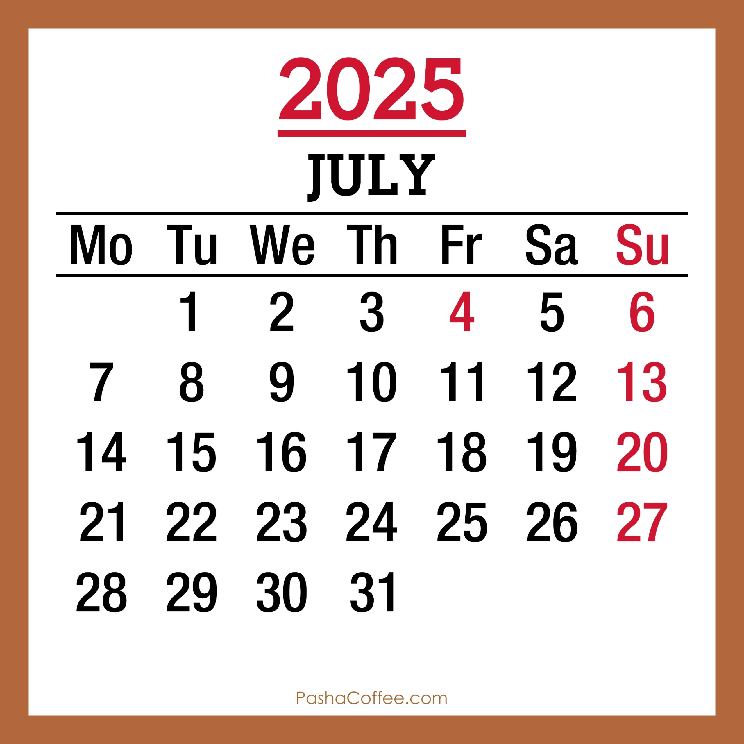 July 2025 Monthly Calendar With Holidays Printable Free Beige 