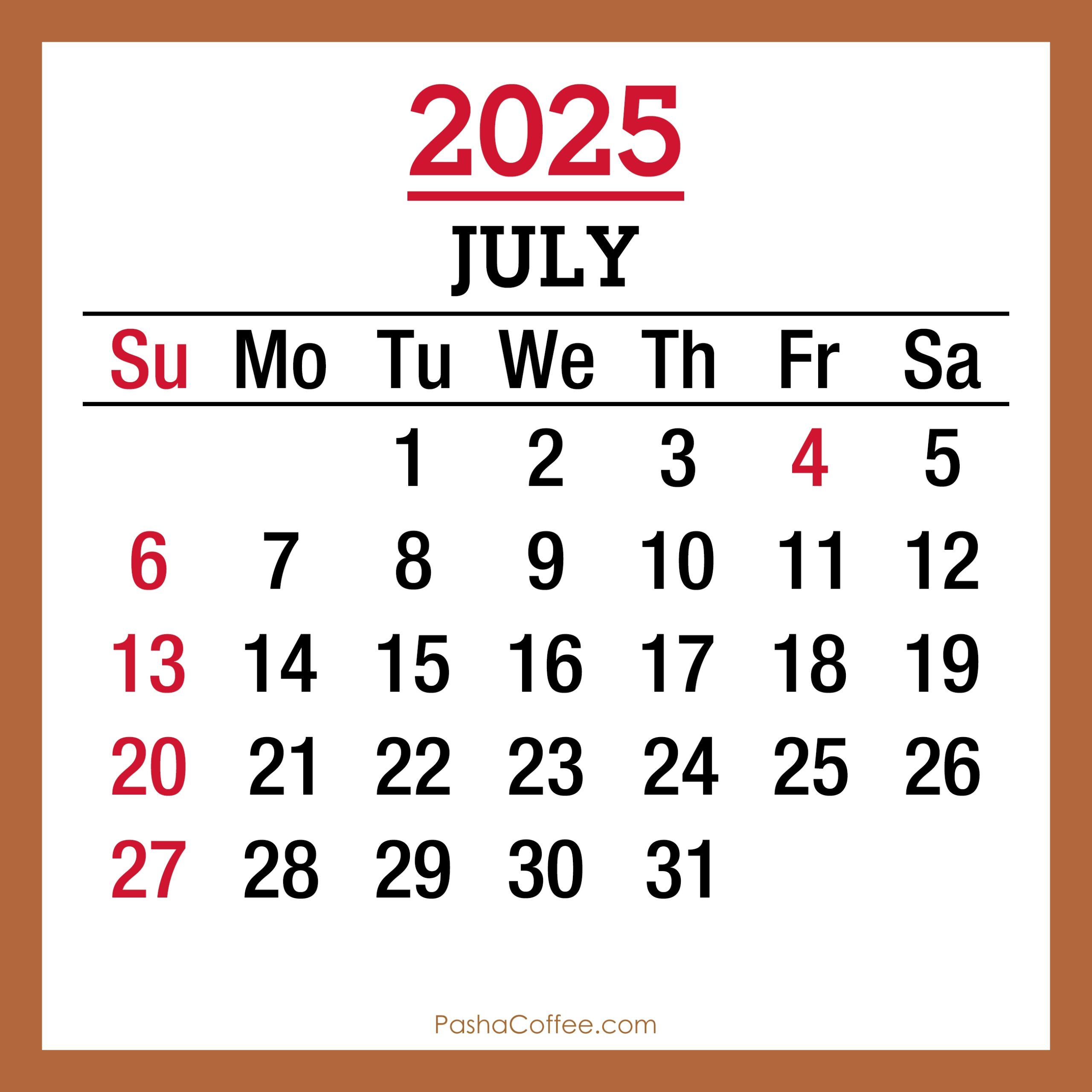 July 2025 Monthly Calendar With Holidays Printable Free Beige 