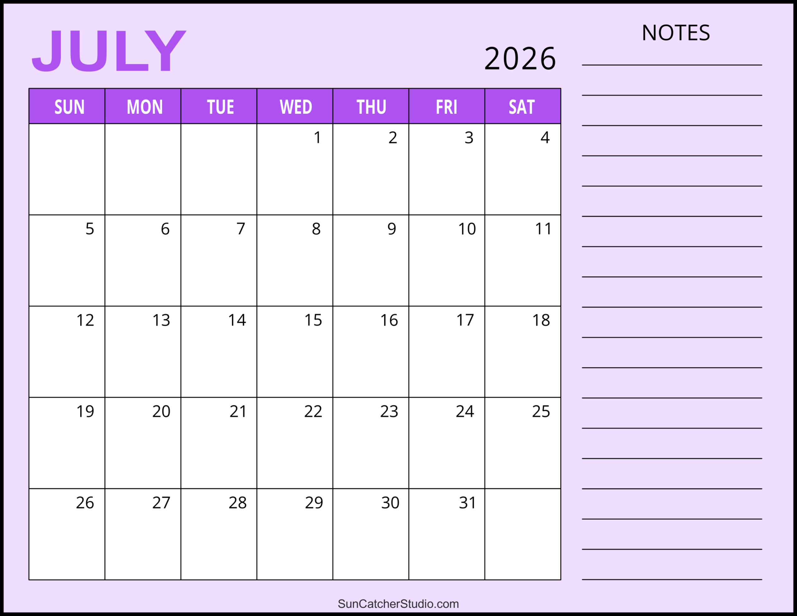 July Through December 2026 Printable Calendars