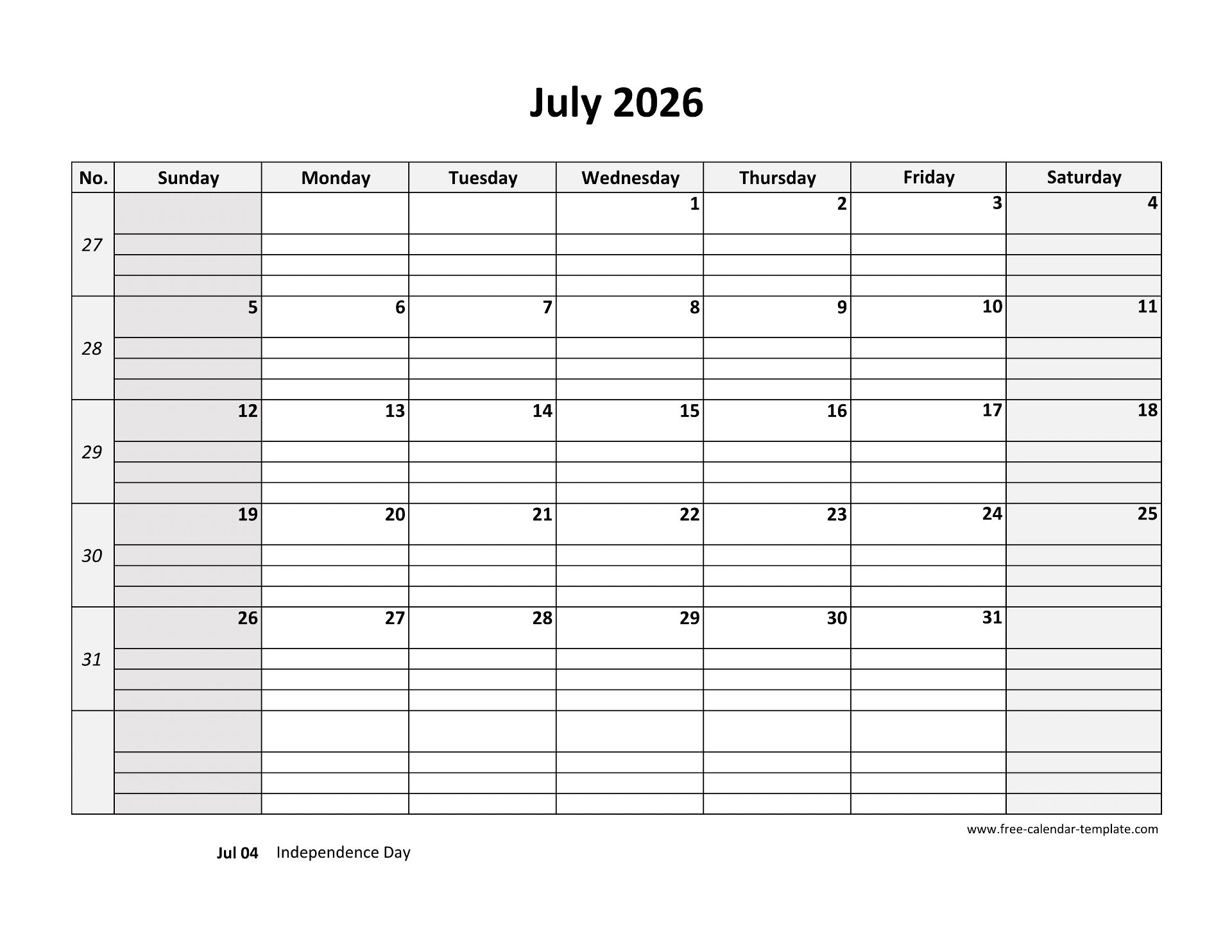 Printable Calendar July 2026 Free