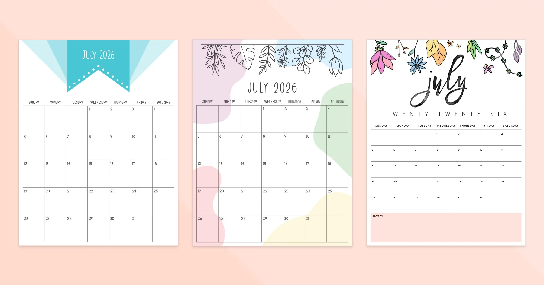 July 2026 Calendar Printable PDF Templates