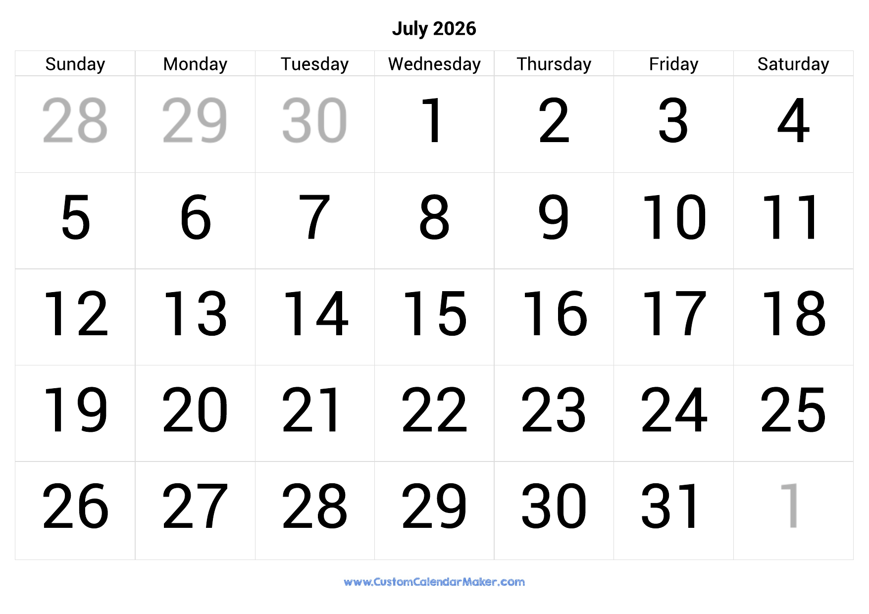 July Weekly Calendar 2026