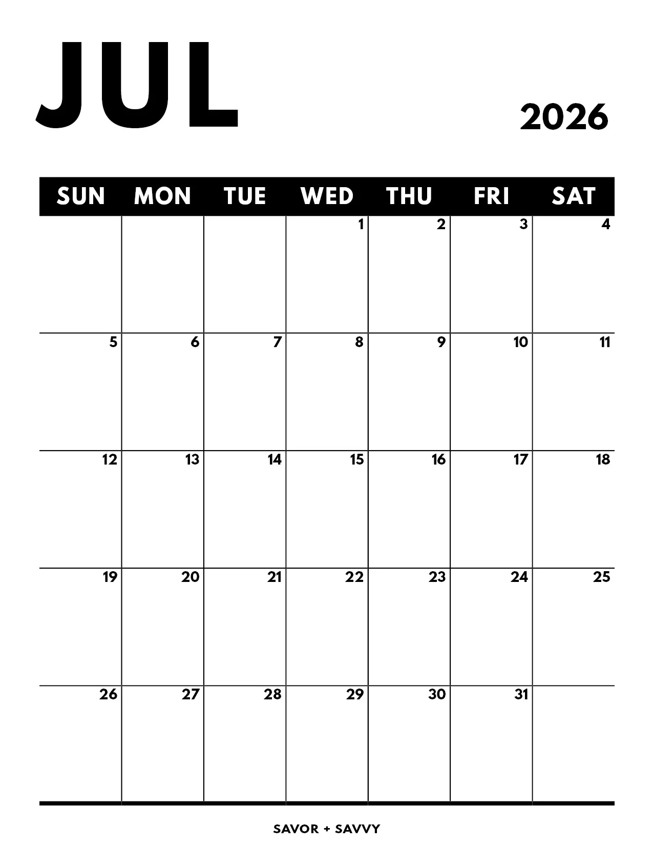 July 2026 Calendar Templates 14 Free Printables Savor Savvy
