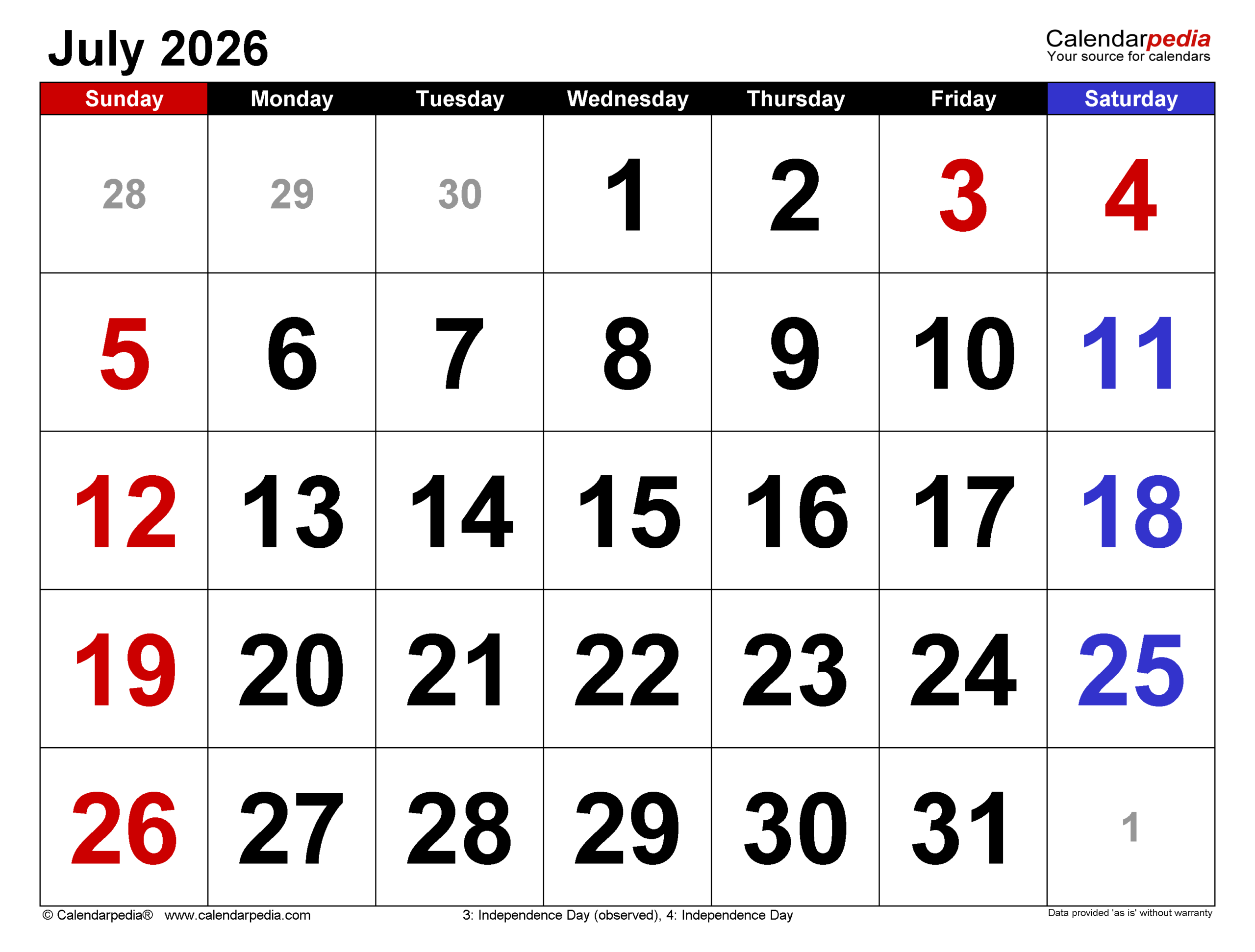 Editable Calendar July 2026
