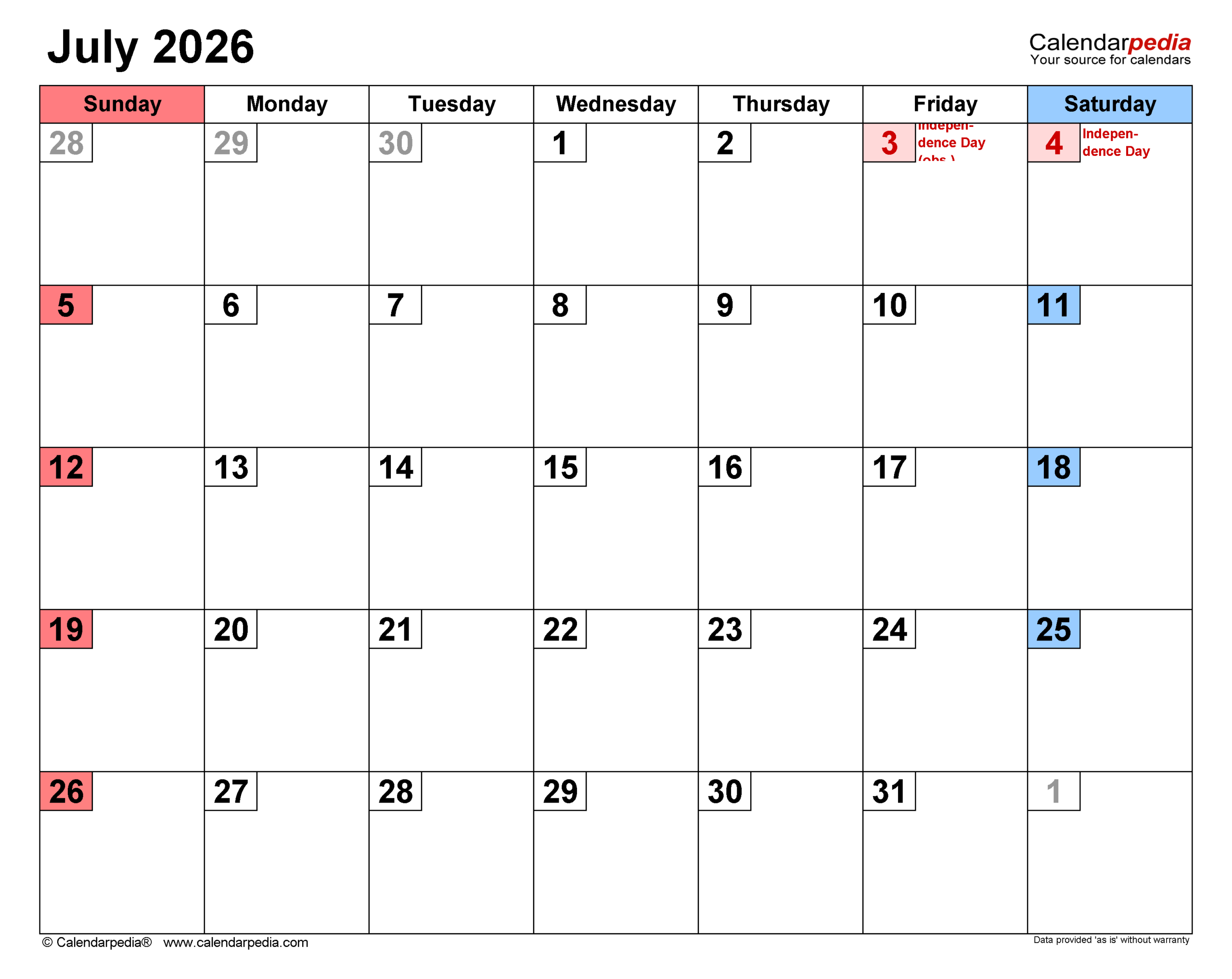 July 2026 Calendar Templates For PDF Excel And Word