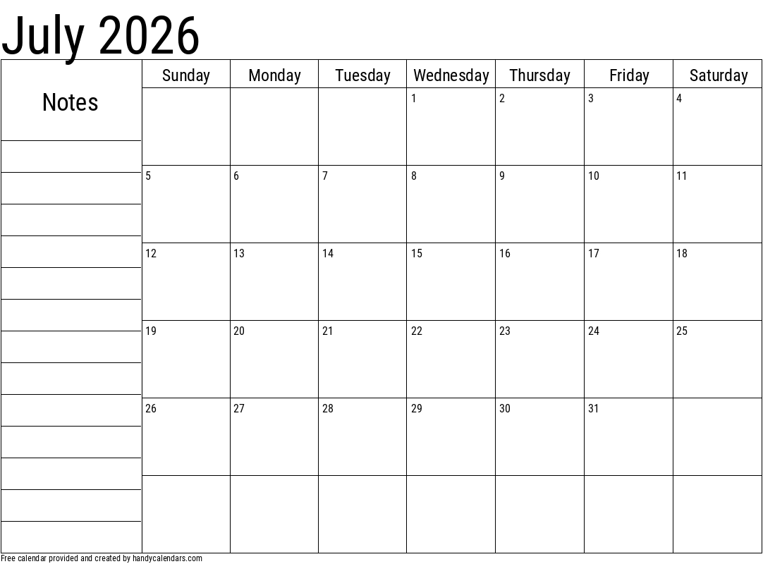 July 2026 Calendar With Notes