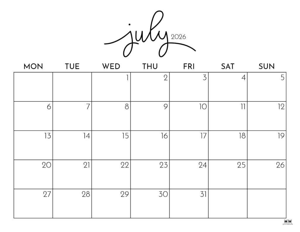 July 2026 Calendars 123 FREE Printables Printabulls