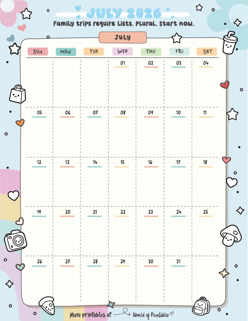 July 2026 Calendars 200 Free Printables World Of Printables