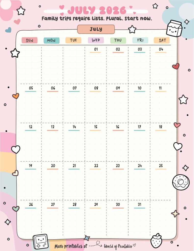 July 2026 Calendars 200 Free Printables World Of Printables