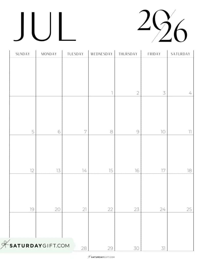 July 2026 Calendars 23 Cute Free Printable PDFs By SaturdayGift
