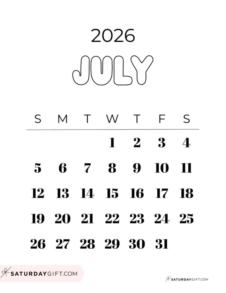 July 2026 Calendars 23 Cute Free Printable PDFs By SaturdayGift