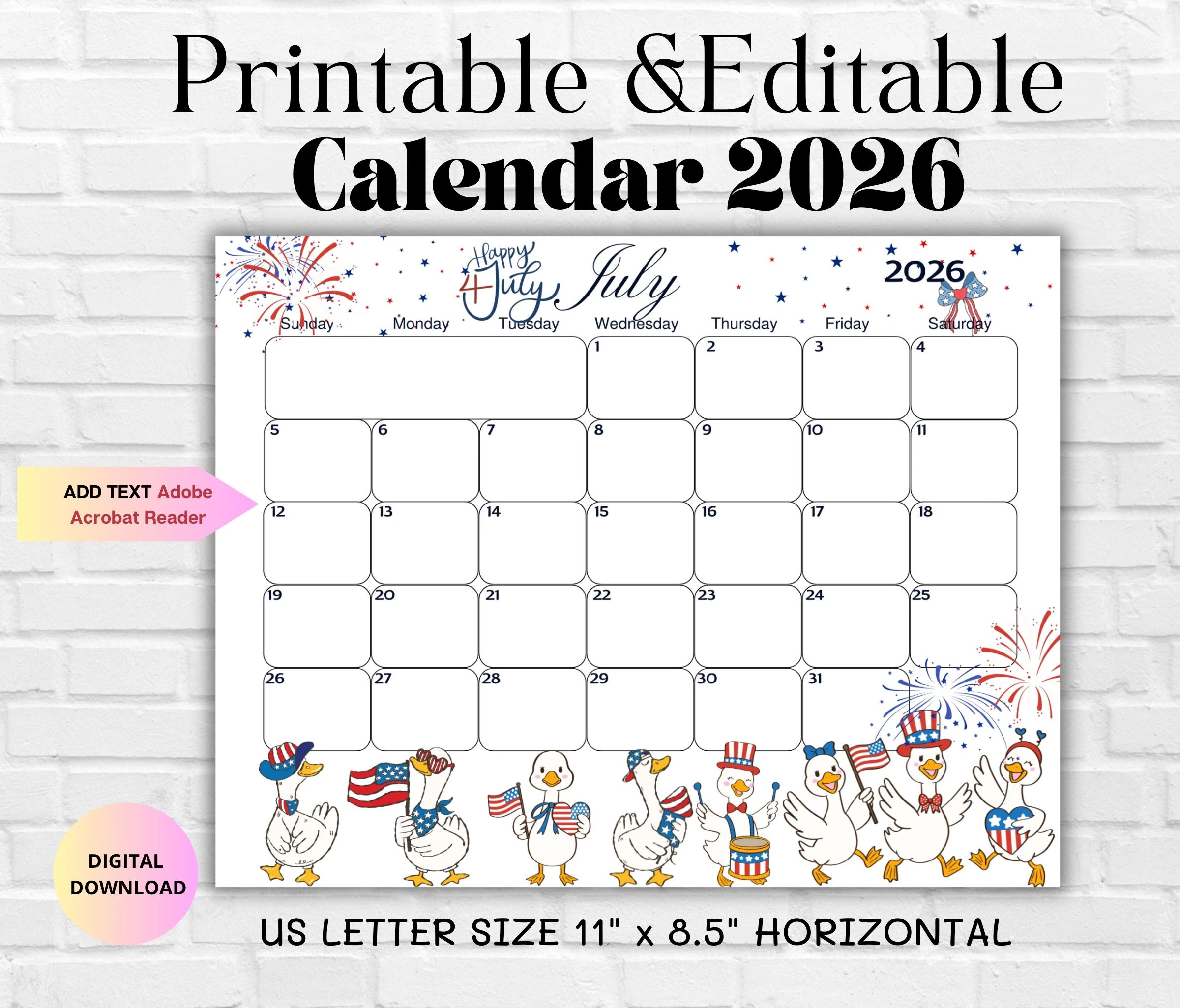 July 2026 EDITABLE Printable Calendar 4th July Independence Day 