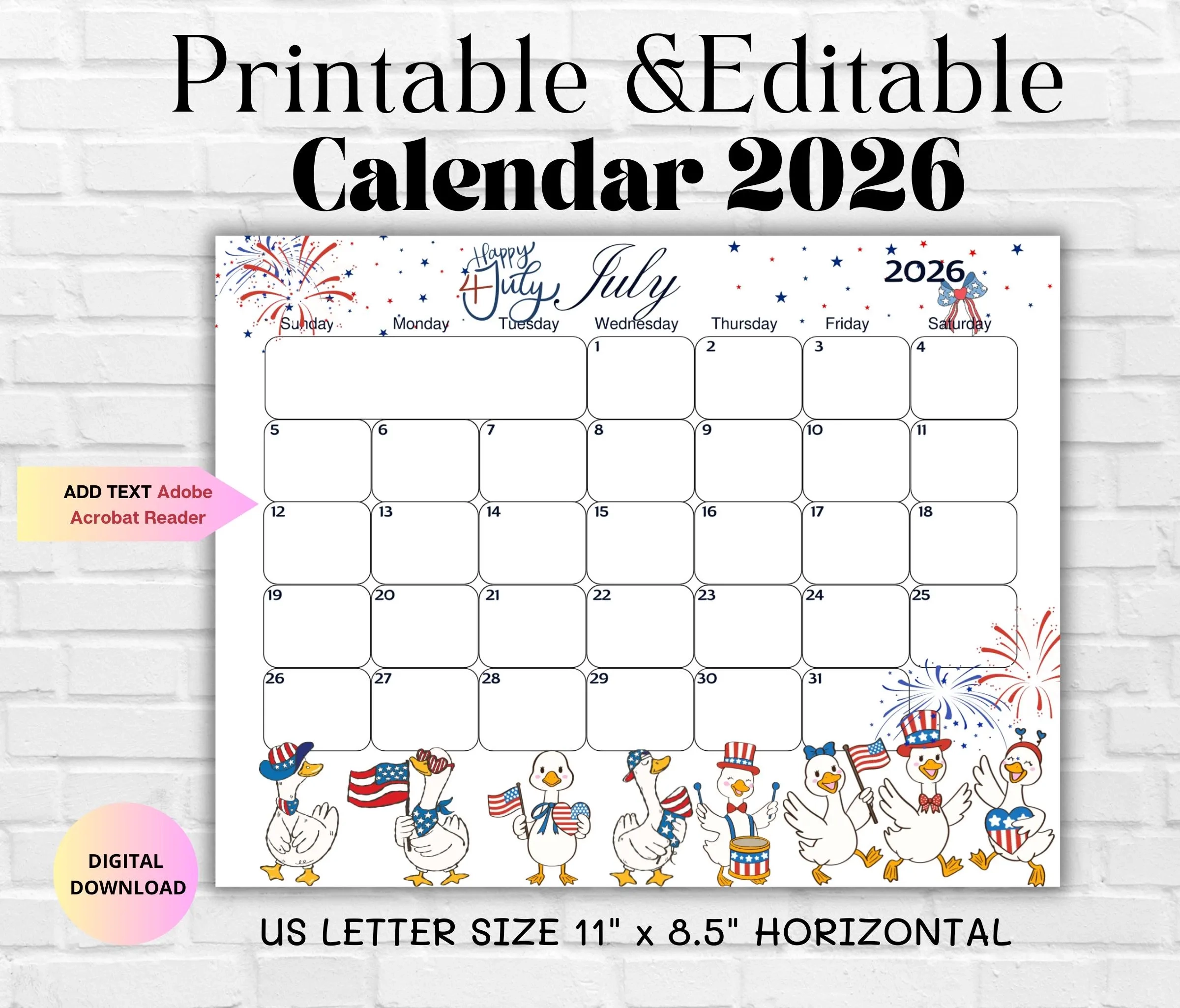 July 2026 EDITABLE Printable Calendar 4th July Independence Day 