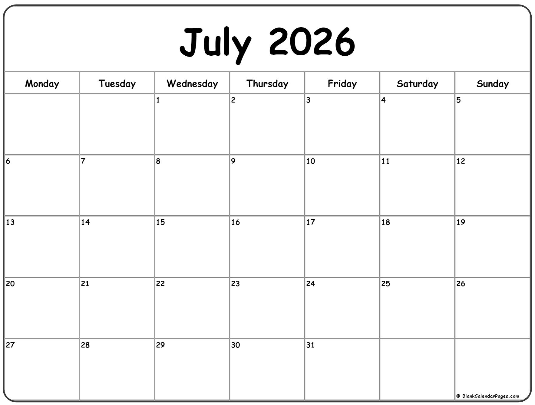 July 2026 Monday Calendar Monday To Sunday