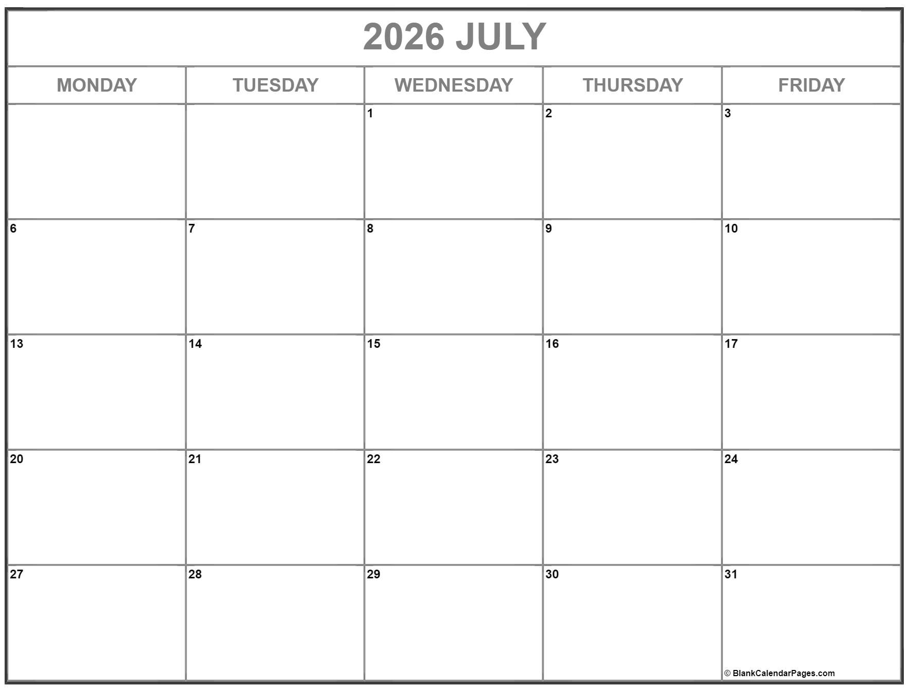 Printable July Blank Calendar 2026