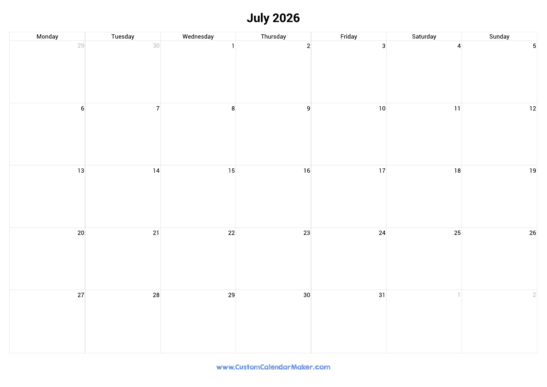 July 2026 Calendar