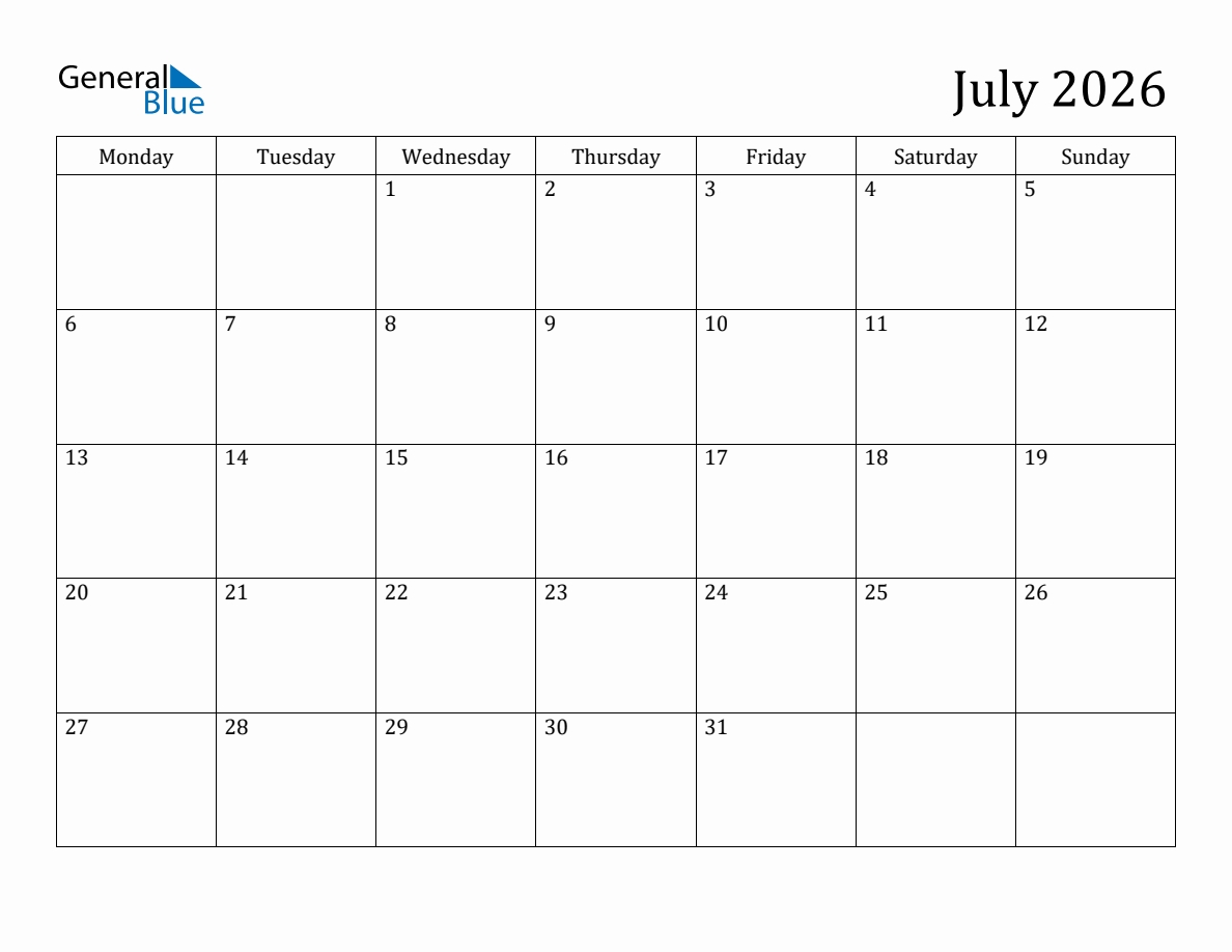 Calendar For 2026 July
