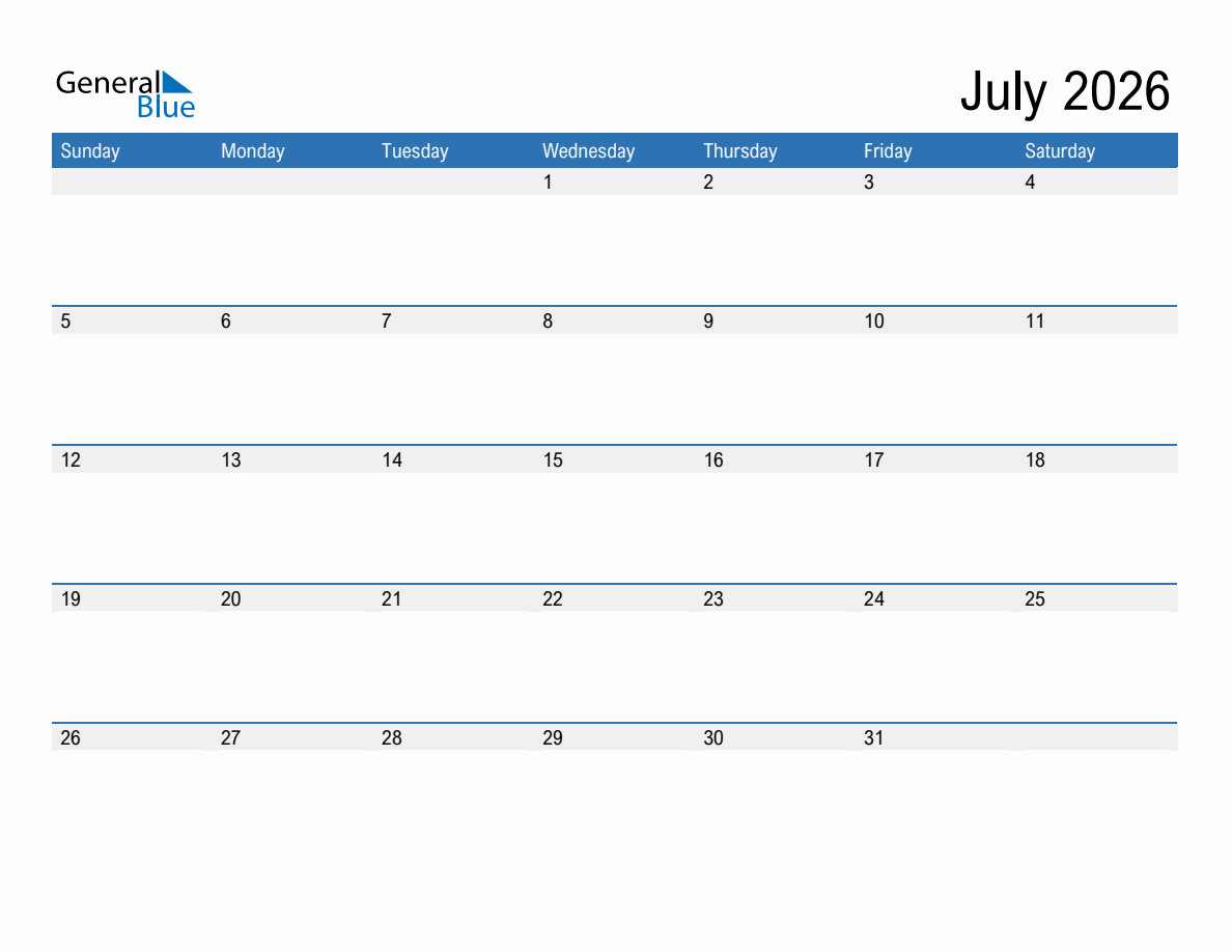 Printable Monthly Calendar July 2026