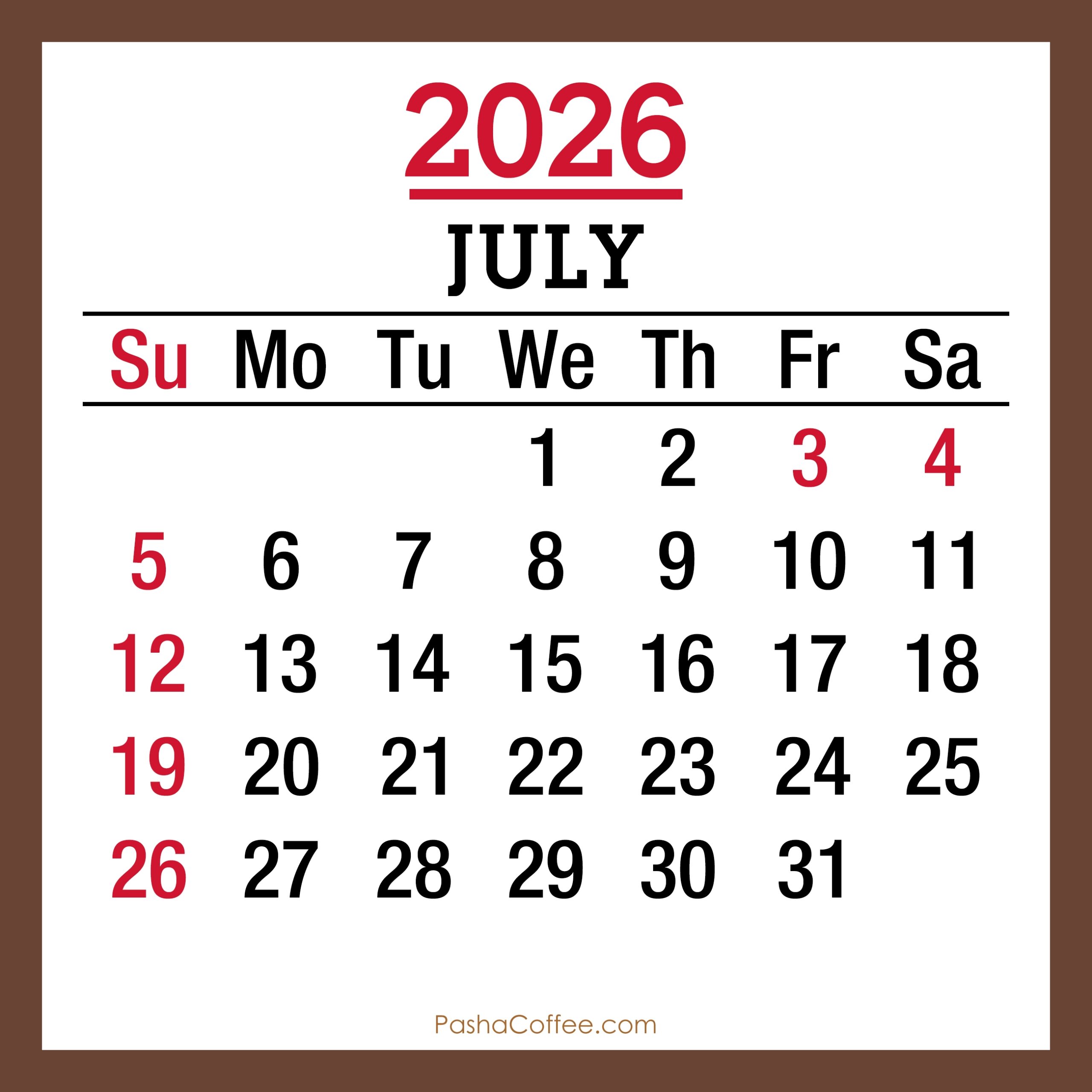 July 2026 Monthly Calendar With Holidays Printable Free Sunday 