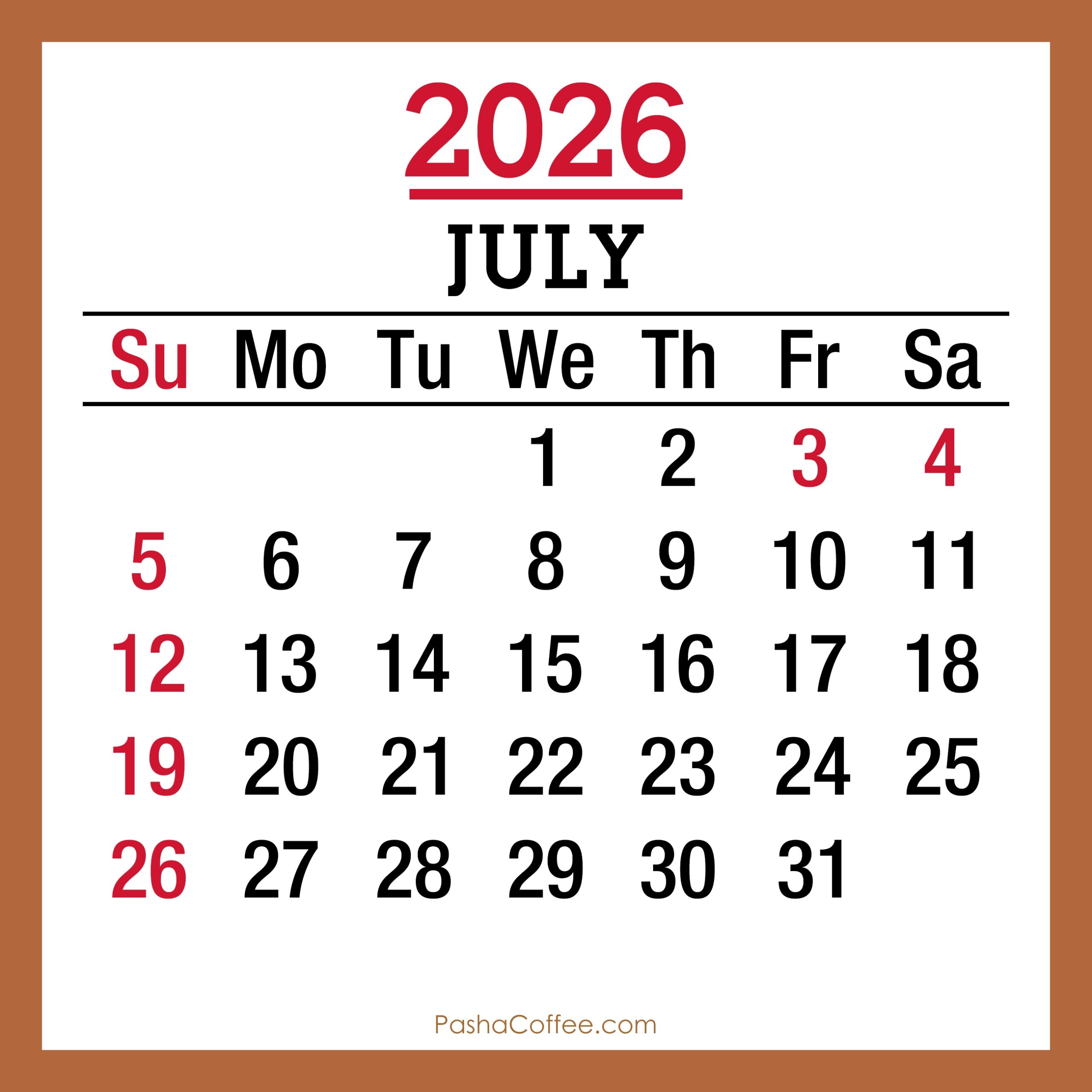 July 2026 Monthly Calendar With Holidays Printable Free Sunday 
