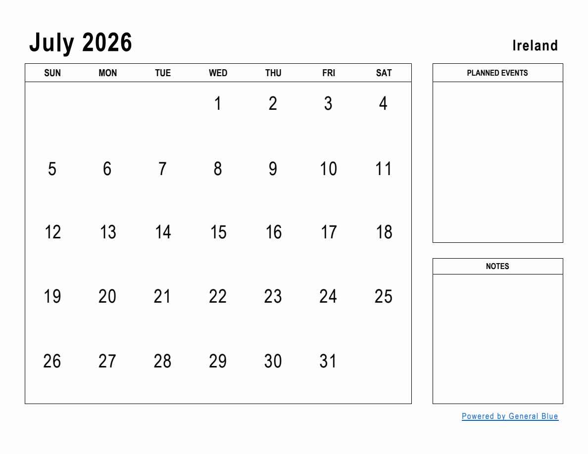 July 2026 Planner With Ireland Holidays
