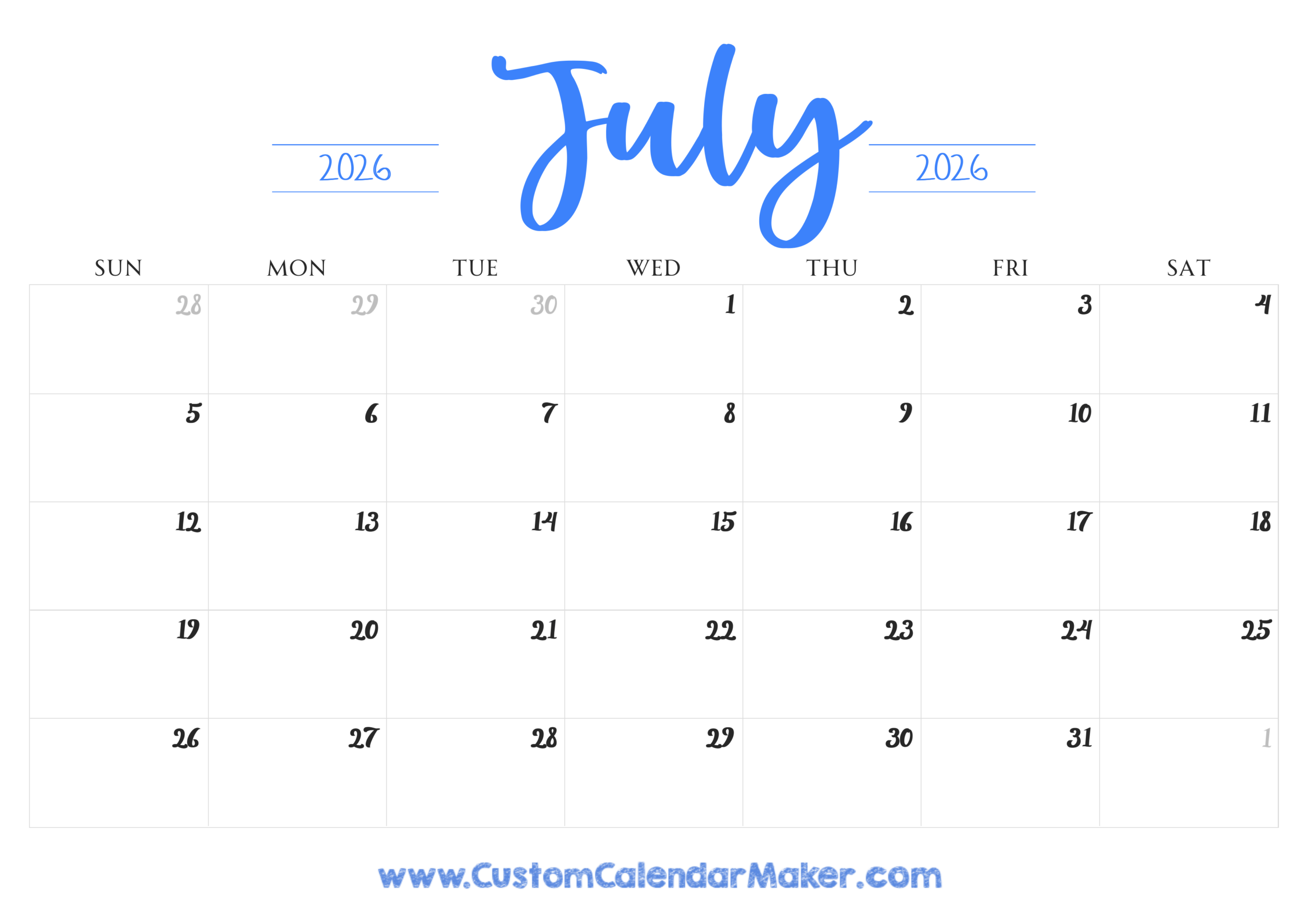 July 2026 Printable Calendar 23 Free Templates PDF Custom 